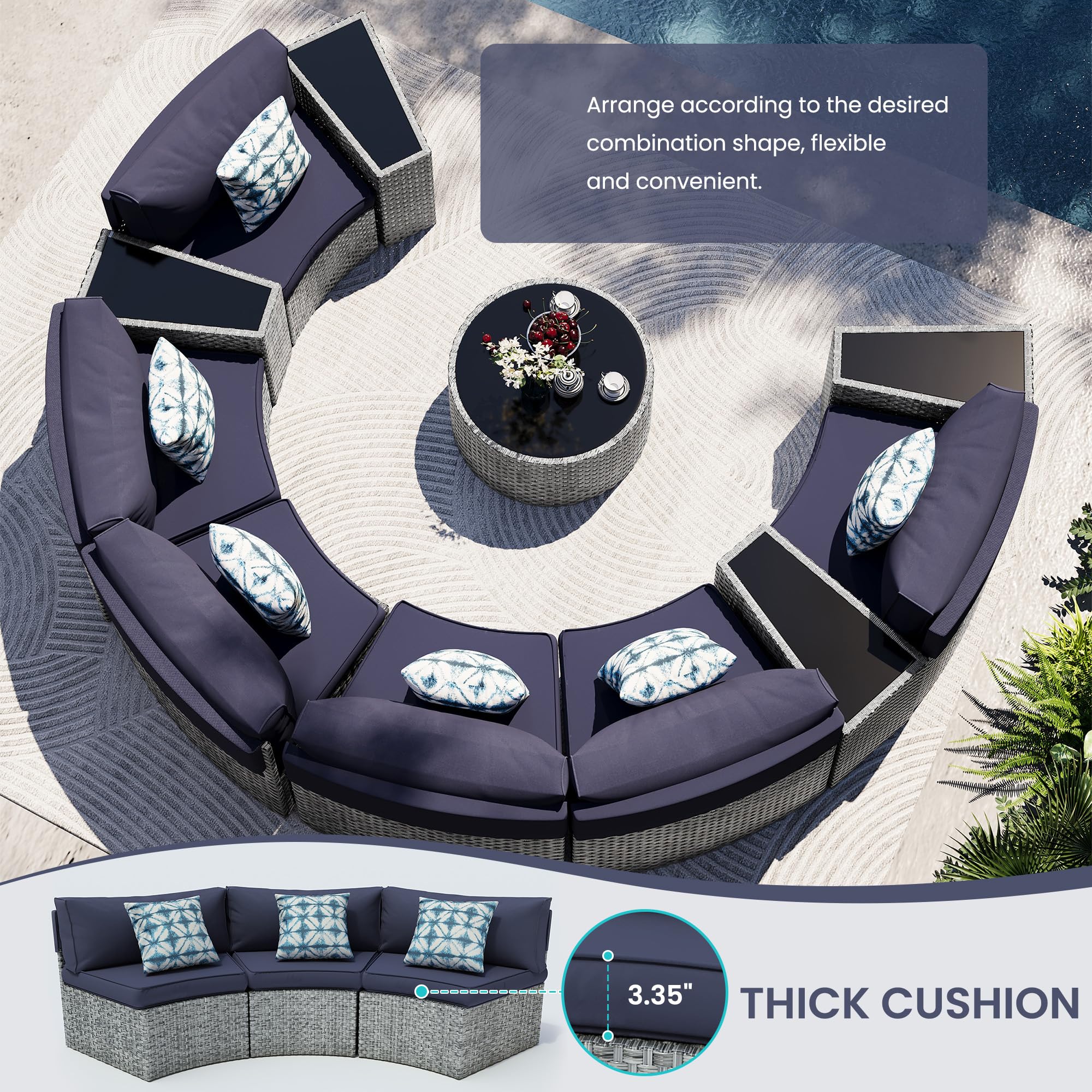 UDPATIO 11-Piece Fully Assembled Outdoor Sectional Sofa Set - Half-Moon Curved Modular Wicker Furniture with Round Coffee Table & Waterproof Cover - Heavy Duty Patio Furniture for Porch, Backyard, Garden - Blue | Perfect for Outdoor Entertaining & Relaxation