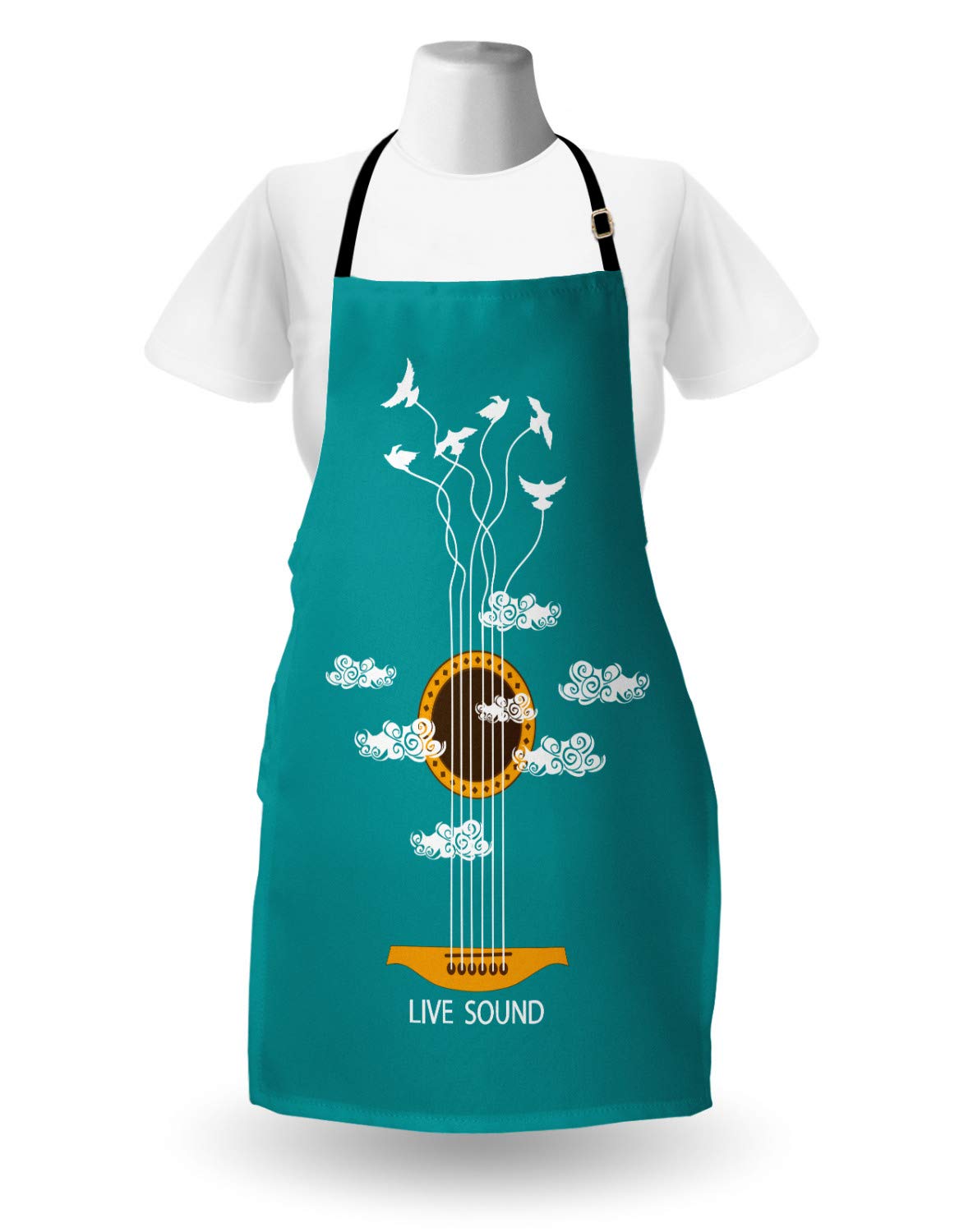 Ambesonne Guitar Apron - Abstract Music Design with Birds & Clouds - Adjustable Unisex Kitchen Bib for Cooking, Baking, Gardening - Turquoise Marigold White - Perfect for Musicians, Chefs & BBQ Enthusiasts