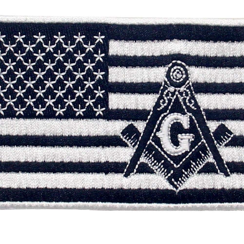 USA Flag Masonic Embroidered Patch - Square Compass Iron On/Sew On Emblem in White & Black | Perfect for Vests, Jackets & Biker Gear