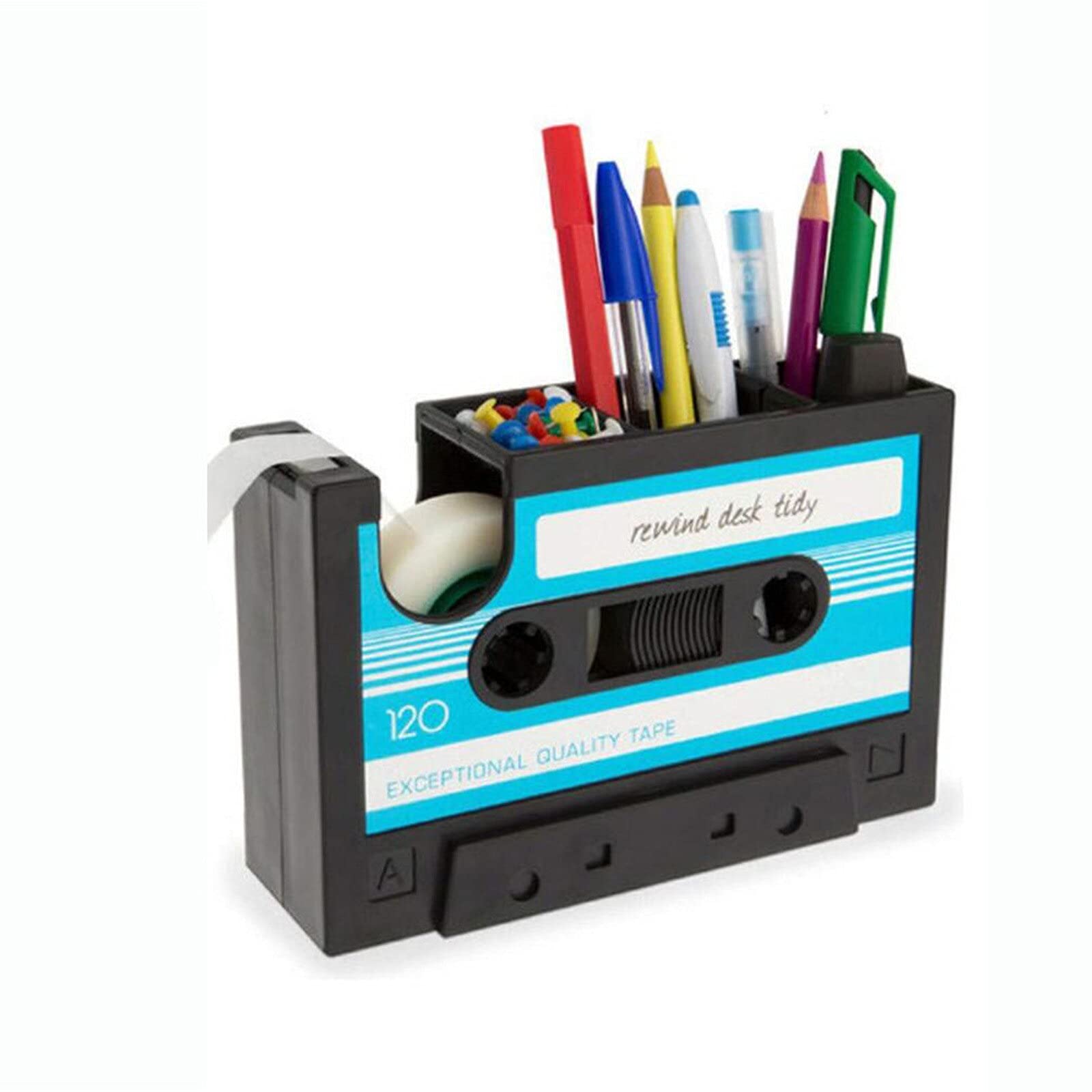 Nautance Blue Cassette Tape Dispenser Pen Holder - Desk Organizer with Adhesive Tape for Office & Home - Pencil Pot Stationery Storage Container - Perfect for School, Work, and Crafting