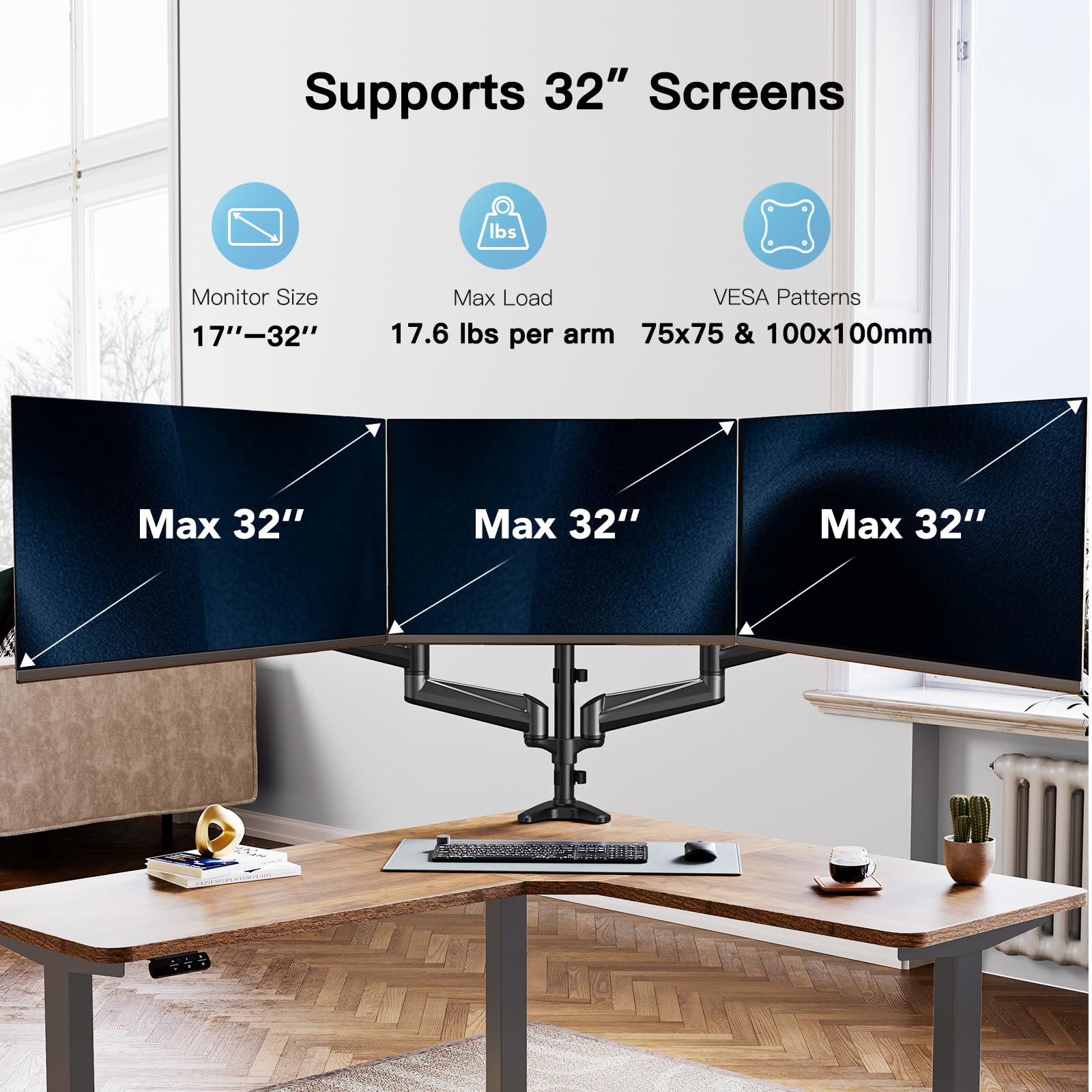 HUANUO Triple Monitor Stand for 17-32 Inch Screens - Adjustable Gas Spring Arm with Swivel, Tilt & Rotation - Heavy Duty Clamp & Grommet Mounting Kit (Black) - Perfect for Gaming, Office & Home Workstations