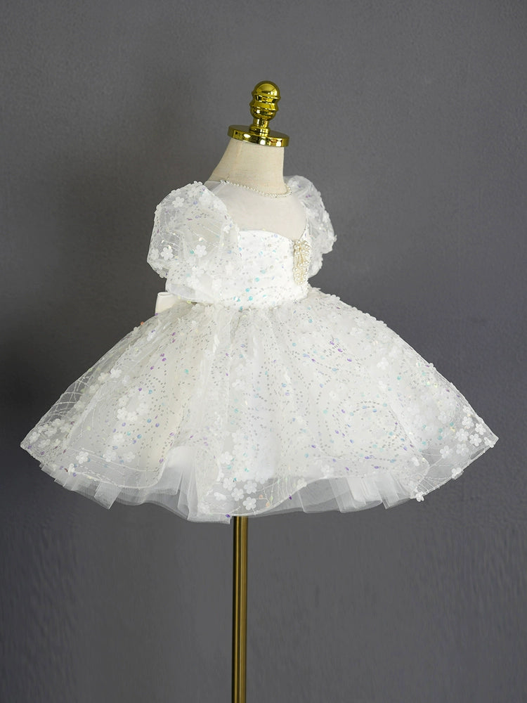 White Princess Sweetheart Tea-Length Tulle Flower Girl Dress for Weddings, First Communion & Special Occasions