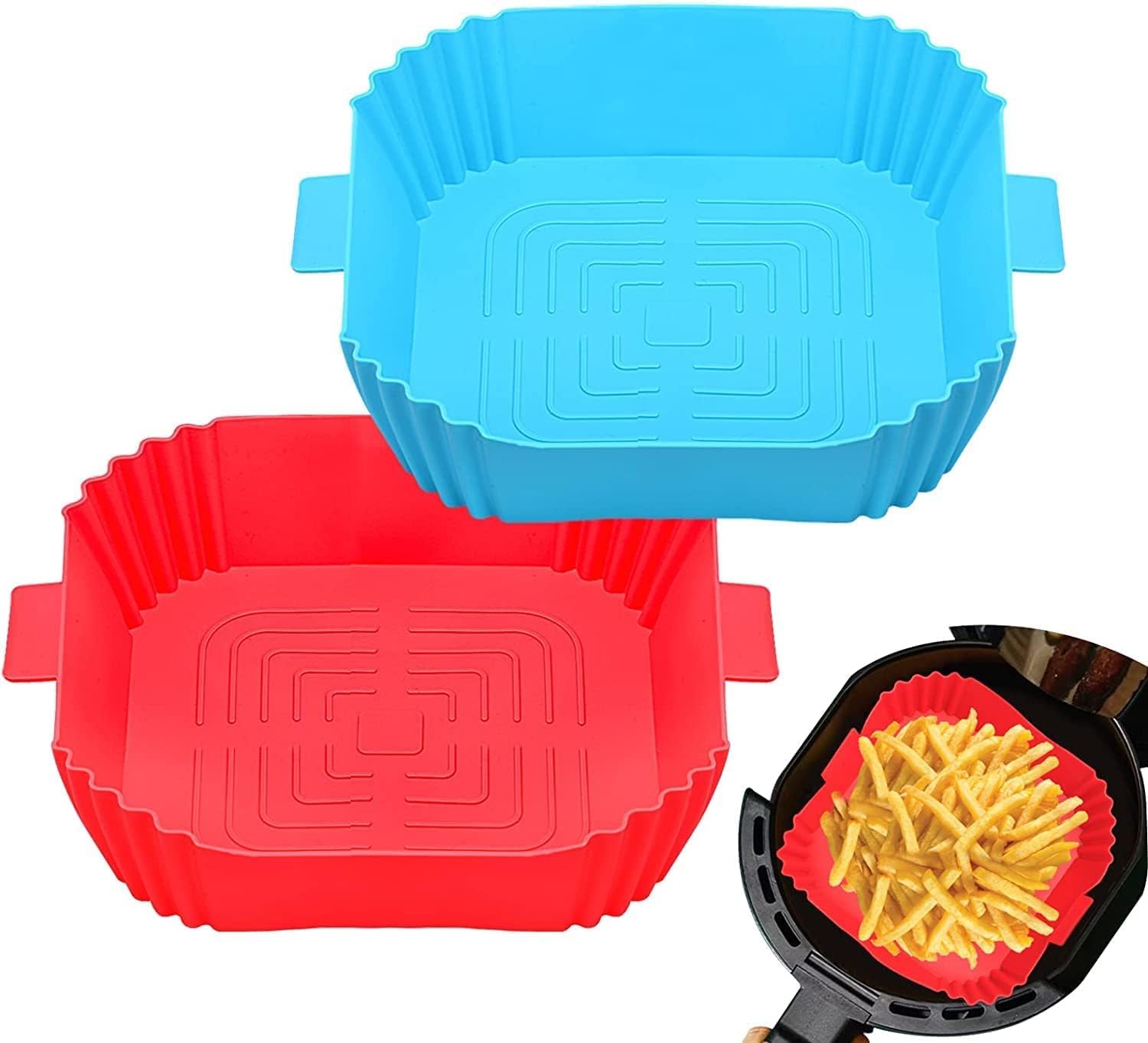 DRURI Reusable Non-Stick Silicone Air Fryer Liners with Handles - Square Food Grade Silicone Basket for Air Fryer Oven - Perfect for Cooking French Fries, Chicken Wings & Vegetables