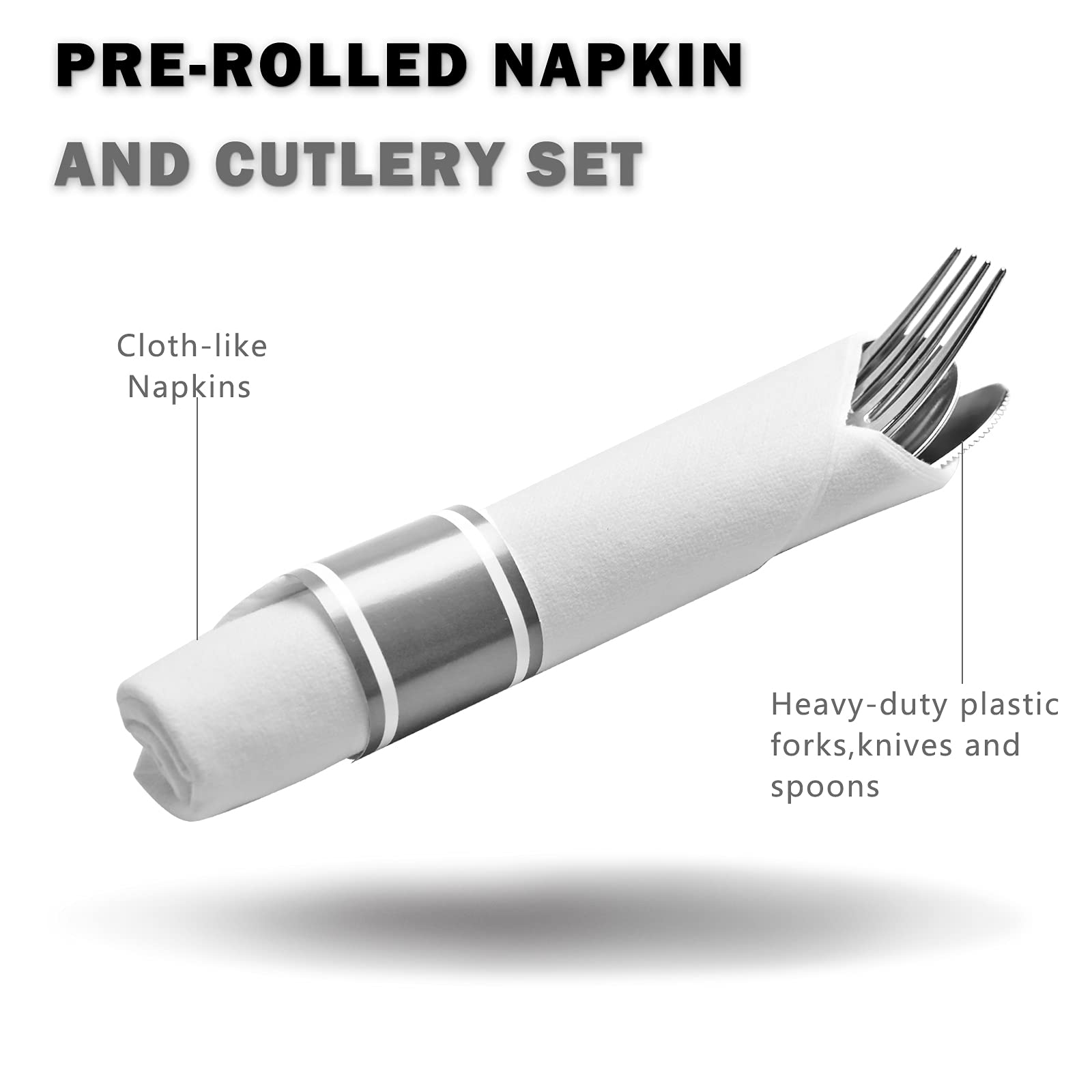 60-Piece Disposable Heavy Duty Plastic Silverware Set - Pre-Rolled Silver Plastic Cutlery with Napkins (60 Forks, 60 Knives, 60 Spoons) for Wedding, Party, Catering & Outdoor Events - Bulk Utensils for Dinner, Picnic & Office Use