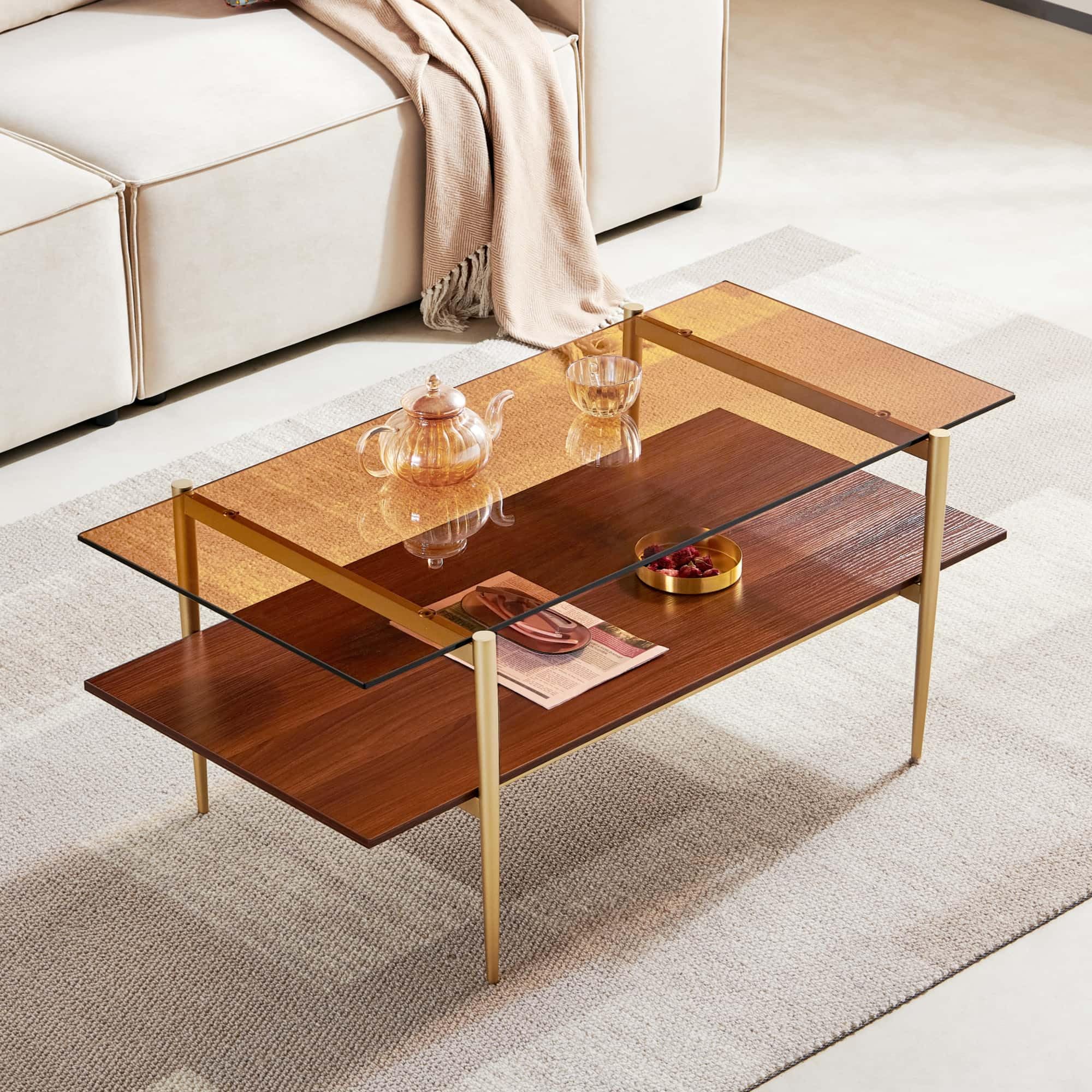 AGV LIGHTING Modern Double Layer Coffee Table with Gold Frame, Coffee Brown Glass & Walnut Wood Top - Stylish Living Room Center Table for Small Spaces, Apartments and Lounge Areas