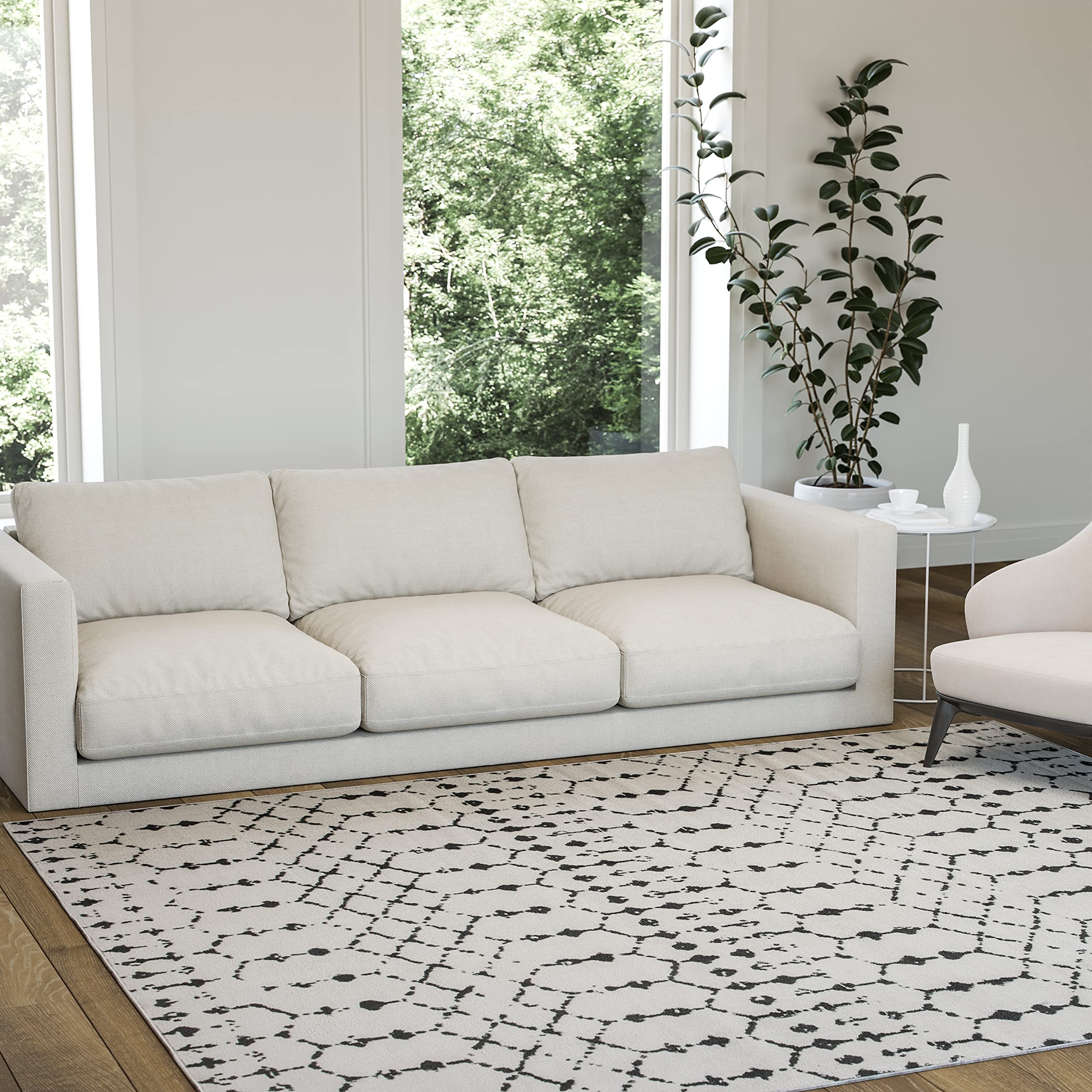 EMMA + OLIVER Modern Geometric Bohemian Low Pile 8' x 10' Ivory Black Area Rug - Perfect for Living Room, Bedroom & Boho Home Decor
