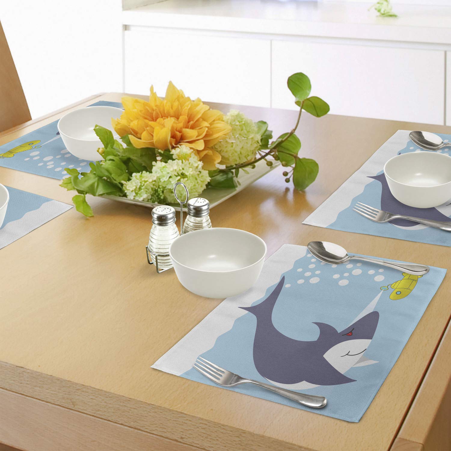 Ambesonne Yellow Submarine Place Mats Set of 4 - Shark & Vessel Ocean Bubbles Underwater Theme Cartoon Animals - Washable Fabric Dining Table Mats for Kitchen & Dining Room Decor in Blue, Gray & Yellow - Perfect for Beach Parties, Nautical Themed Events & Underwater Decor