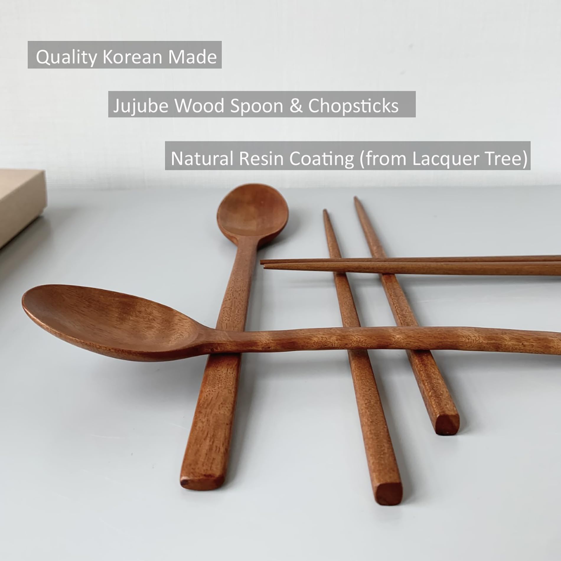 Premium Korean Natural Lacquer Wooden Chopsticks & Spoon Set - Handcrafted Jujube Wood with Ottchil Coating - Elegant Gift for Mom (2-Piece Set) - Perfect for Asian Cuisine, Home Dining & Special Occasions
