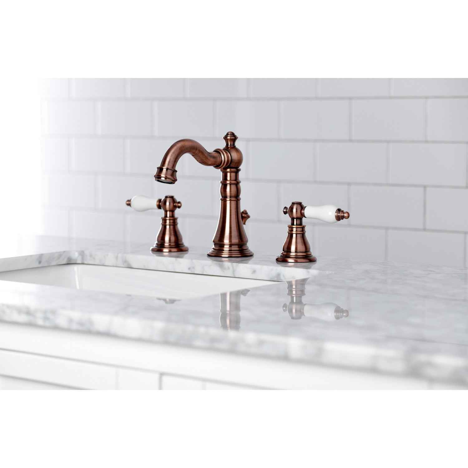 American Patriot FSC197APLAC Two Handle 3 Hole Widespread Bathroom Faucet with Brass Pop Up Drain - Antique Copper Finish for Vintage Style Bathrooms, Perfect for Bathroom Renovation and Home Upgrade