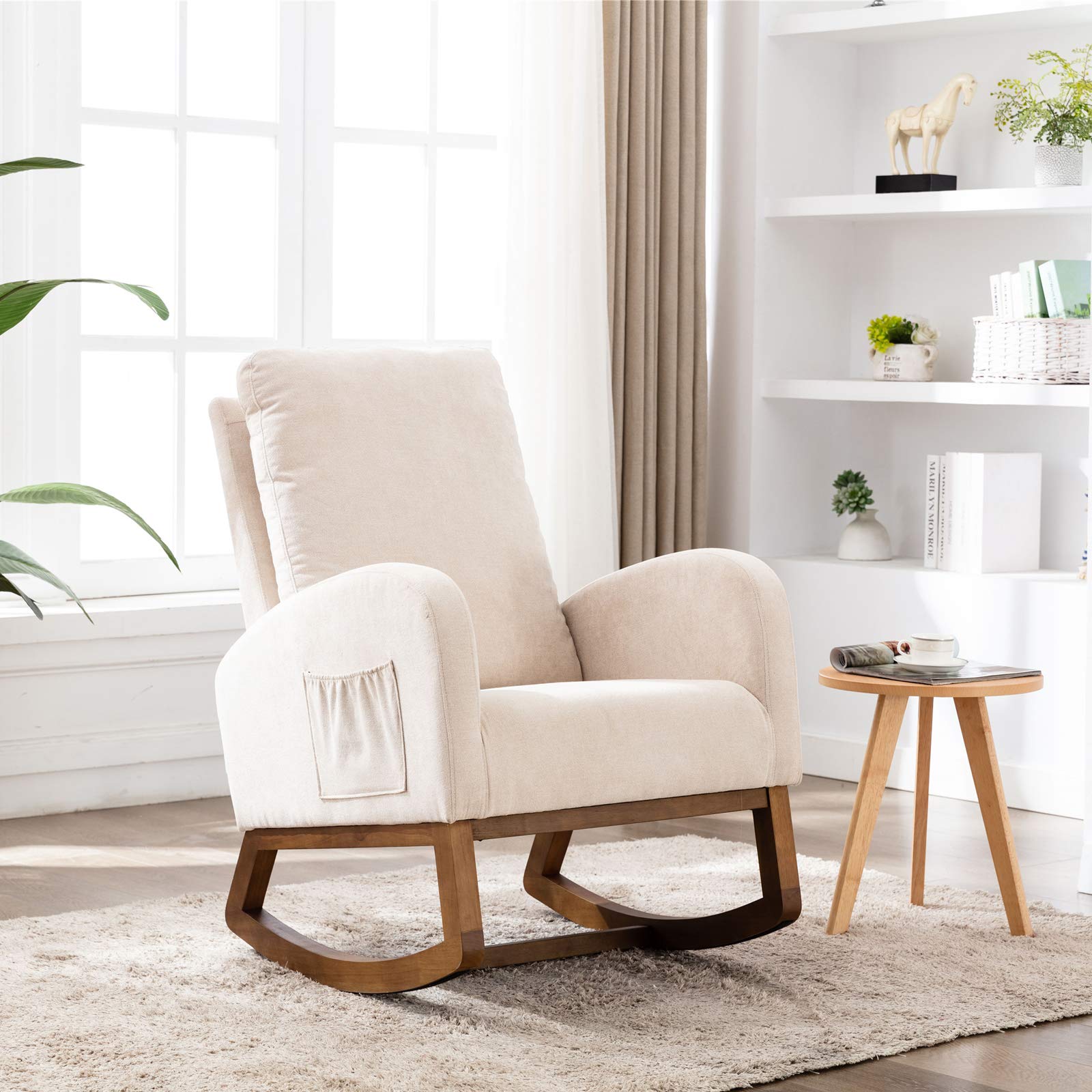 Mid-Century Modern Rocking Chair - Dolonm Upholstered Nursery Glider with Tall Back, Accent Rocker for Living Room, Nursery & Bedroom - Comfortable Beige Armchair for Relaxing & Nursing
