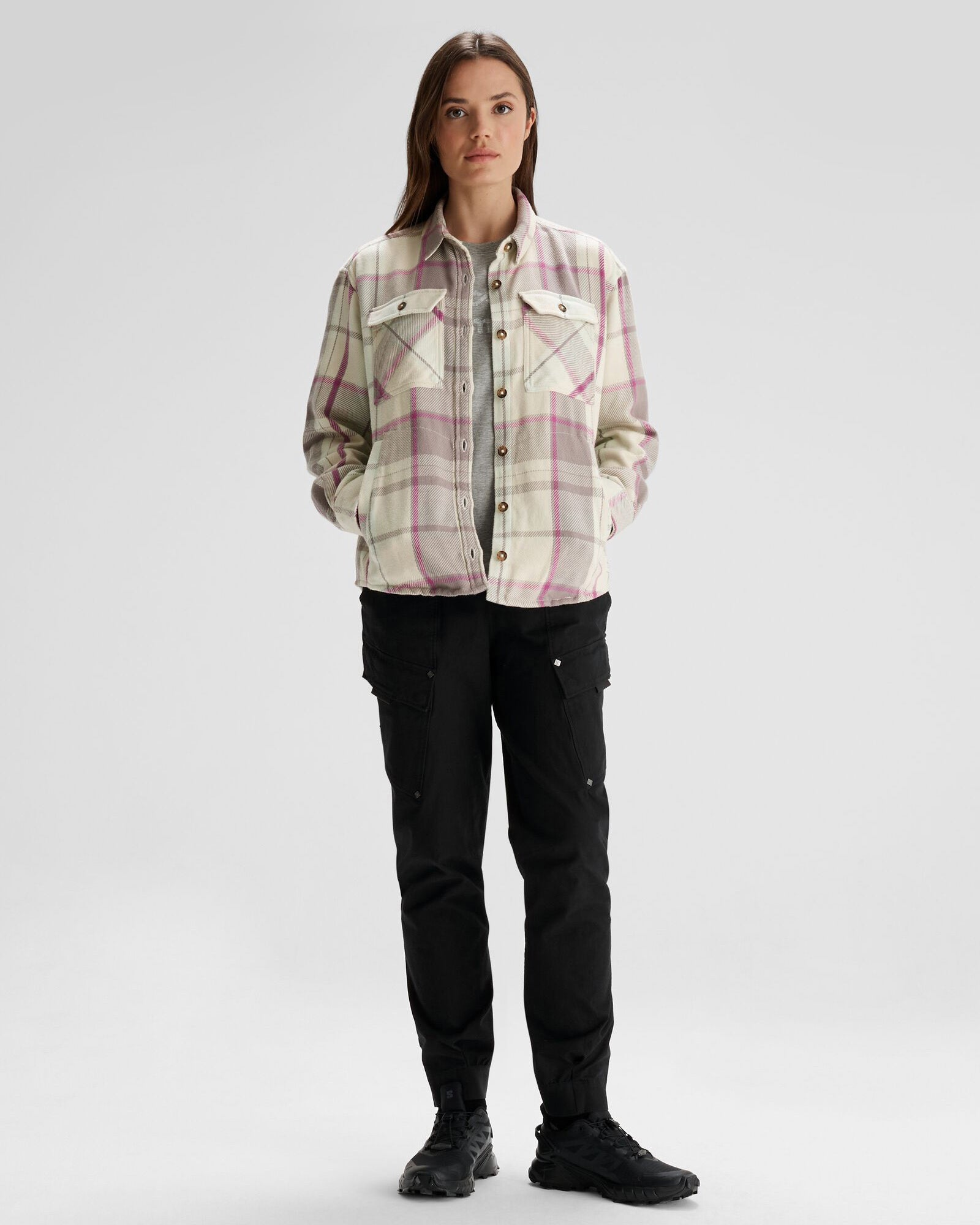 Women's Huntly Long Sleeve Plaid Shirt - Soft Flannel Button Down Top with Mushroom Print for Fall & Winter, Perfect for Cabin Retreats, Camping and Outdoor Adventures