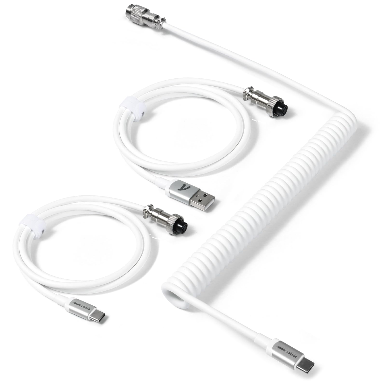 Premium Coiled USB C Cable for Gaming & Mechanical Keyboards - Double-Sleeved Aviator Detachable 2-in-1 USB C to A/C Cable - Compatible with Custom Keyboards, Printers, Phones, iPads & Xbox (White) - Perfect for Esports, Office Work & Home Entertainment Setup