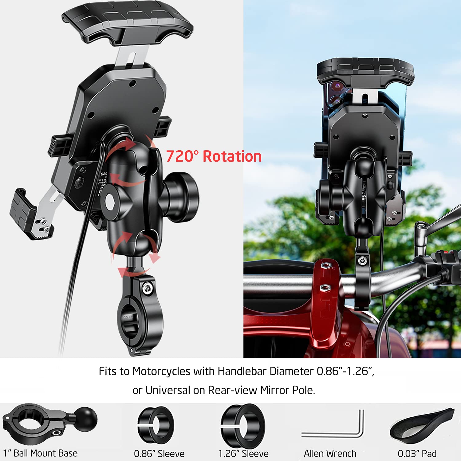 Anti-Theft Motorcycle Phone Mount with Wireless Charger - 15W Fast Charging, USB-C 5V 3A, 360° Rotation, Waterproof Handlebar Stem Holder for 4.0-7.0 Inch Phones (Fits 1