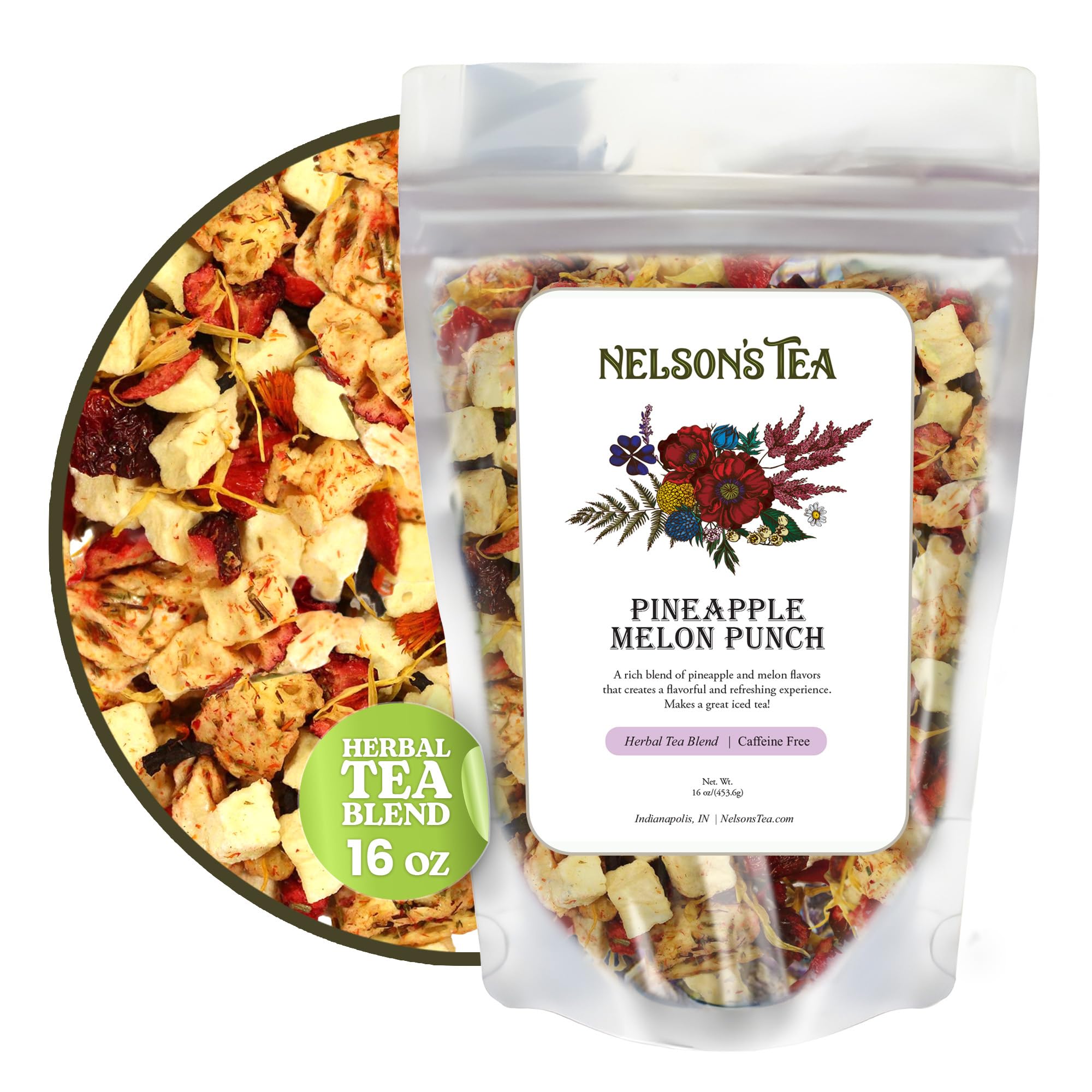 Nelson's Tea Pineapple Melon Punch - Premium Loose Leaf Rooibos Green Tea Blend with Apple, Cranberry, Hibiscus, Marigold & Safflower (16 oz) | Antioxidant-Rich Herbal Tea for Relaxation, Iced Tea & Wellness