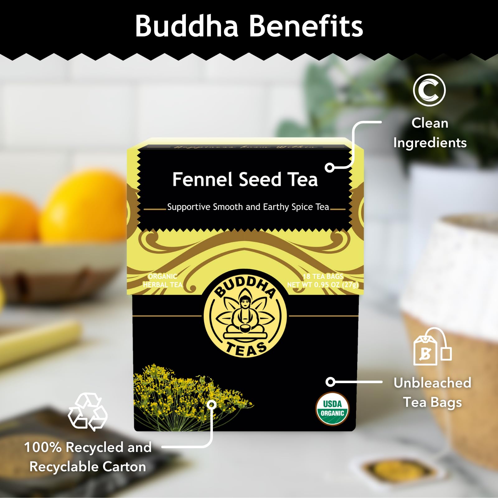 Organic Fennel Seed Tea by Buddha Teas - USDA Certified Herbal Tea for Digestion & Wellness - OU Kosher, Clean Ingredients - 18 Tea Bags (Pack of 1) - Perfect for After Meals, Relaxation & Natural Digestive Support