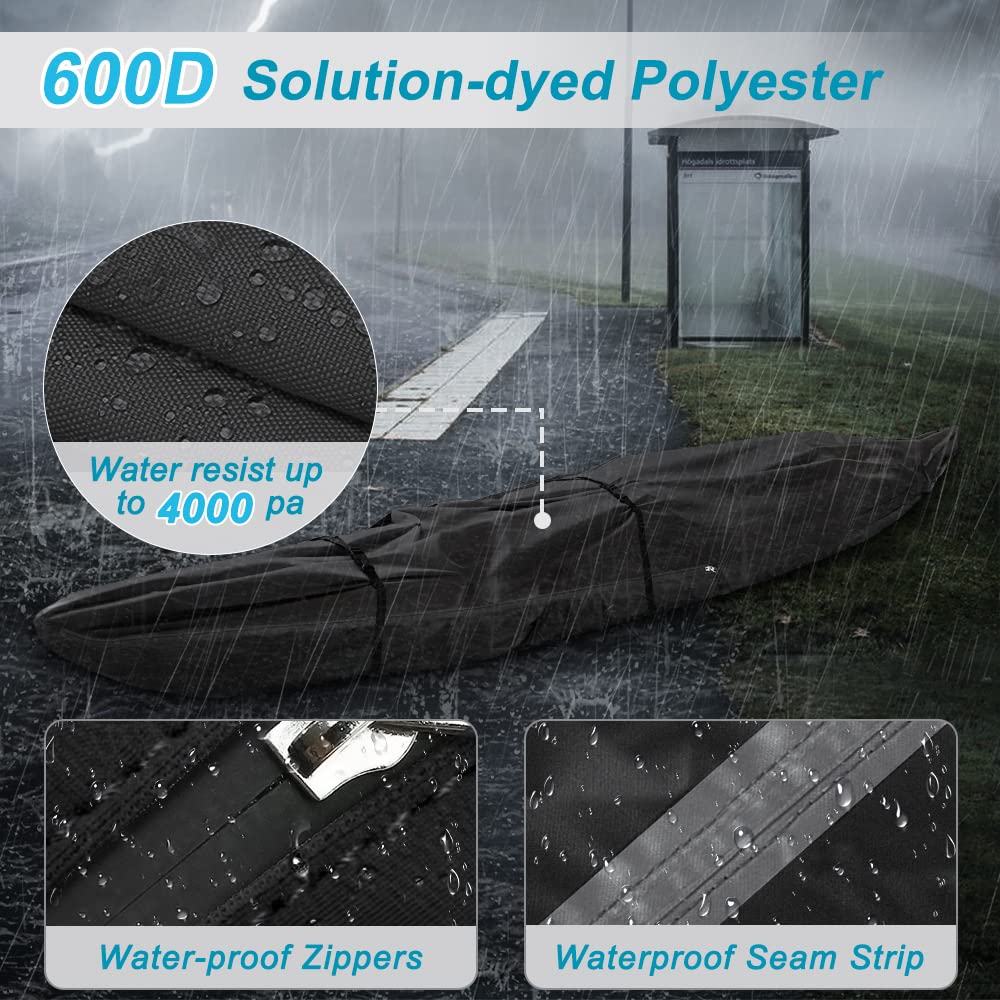 600D Heavy Duty Waterproof & UV-Resistant Kayak Cover - Fade & Tear Proof Canoe Cover with Waterproof Zipper for Indoor/Outdoor Storage - Perfect for Trailering, Boat Storage & All-Weather Protection