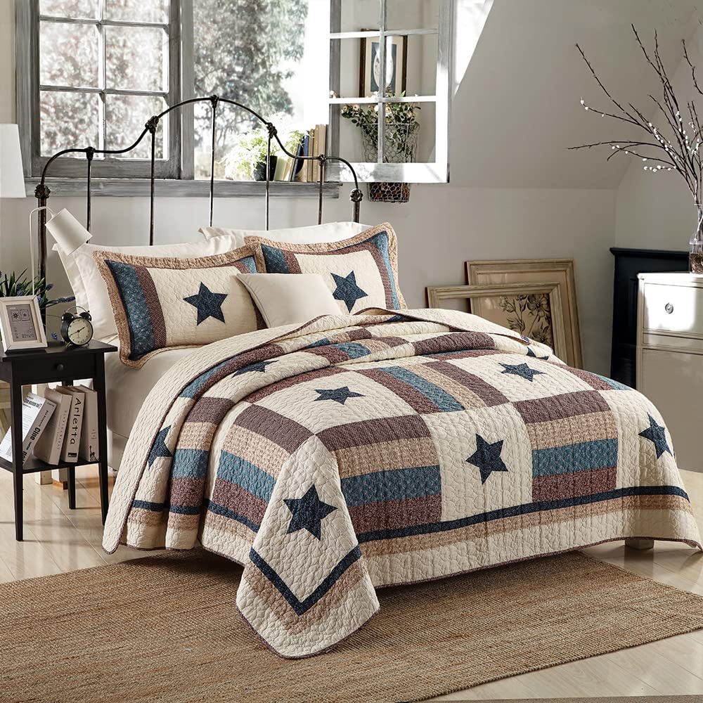 3-Piece Cotton Reversible Quilt Set - All Season King Size Bedspread with Mediterranean Star Pattern for Boys | Soft & Breathable Bedding for Kids' Room, Guest Bed, Dorm