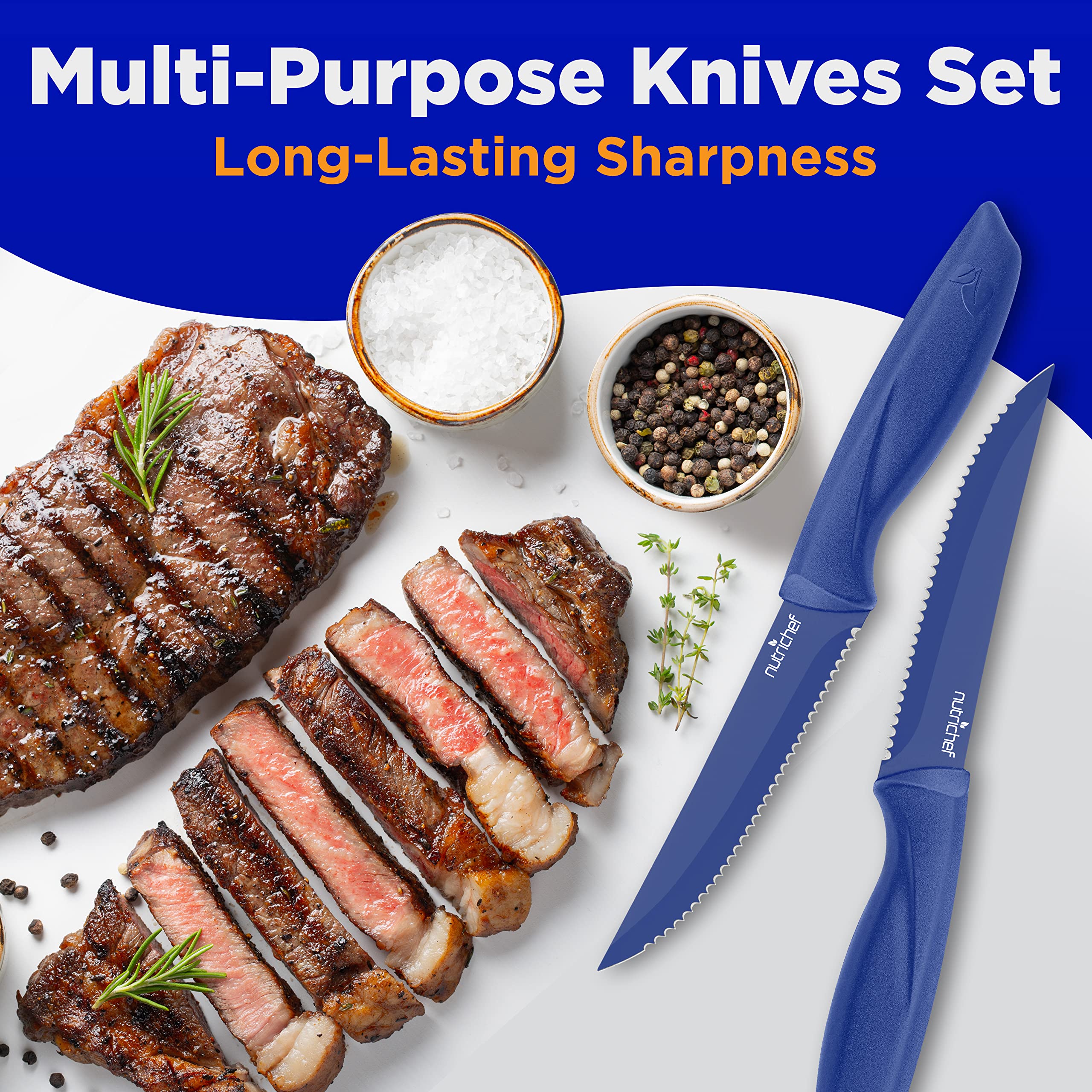 NutriChef 8-Piece Stainless Steel Kitchen Knife Set - Ergonomic Non-Stick Serrated Blades for Meat, Vegetables & Fruits - Durable Unbreakable Knives for Cooking, BBQ, Grilling & Food Prep - Perfect for Home Chefs & Outdoor Camping (Blue, NCSK8BU)