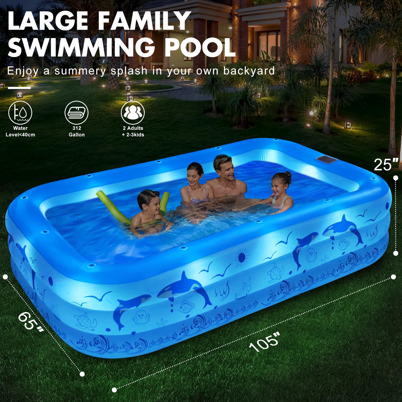 Solar-Powered Inflatable Pool with LED Lights – 105