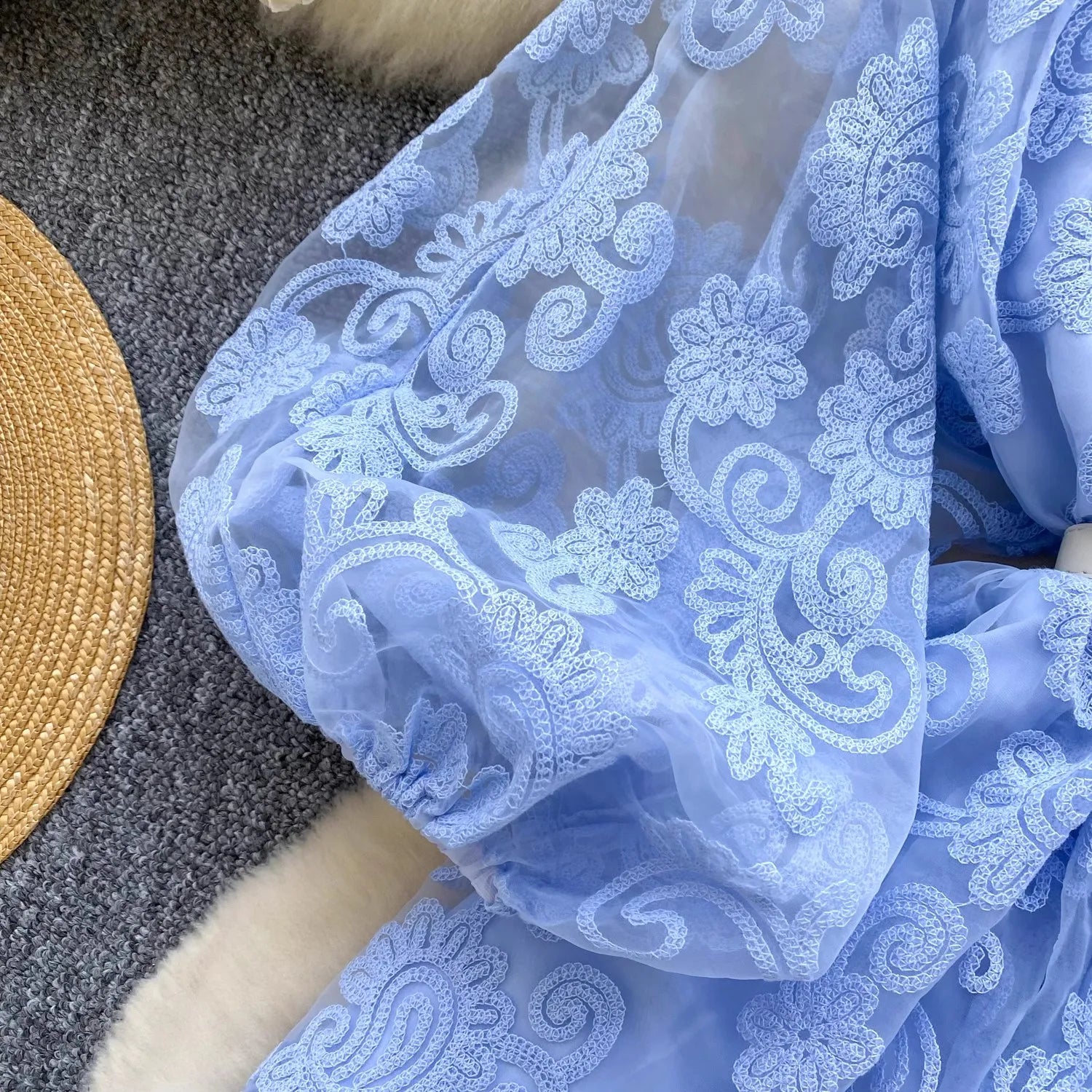 French Sweet V-Neck Lantern Sleeve Mini Dress - Women's Summer Floral Embroidery Mesh Patchwork Belt Dress for Beach, Party & Casual Wear | A-Line Flowy Party Robe
