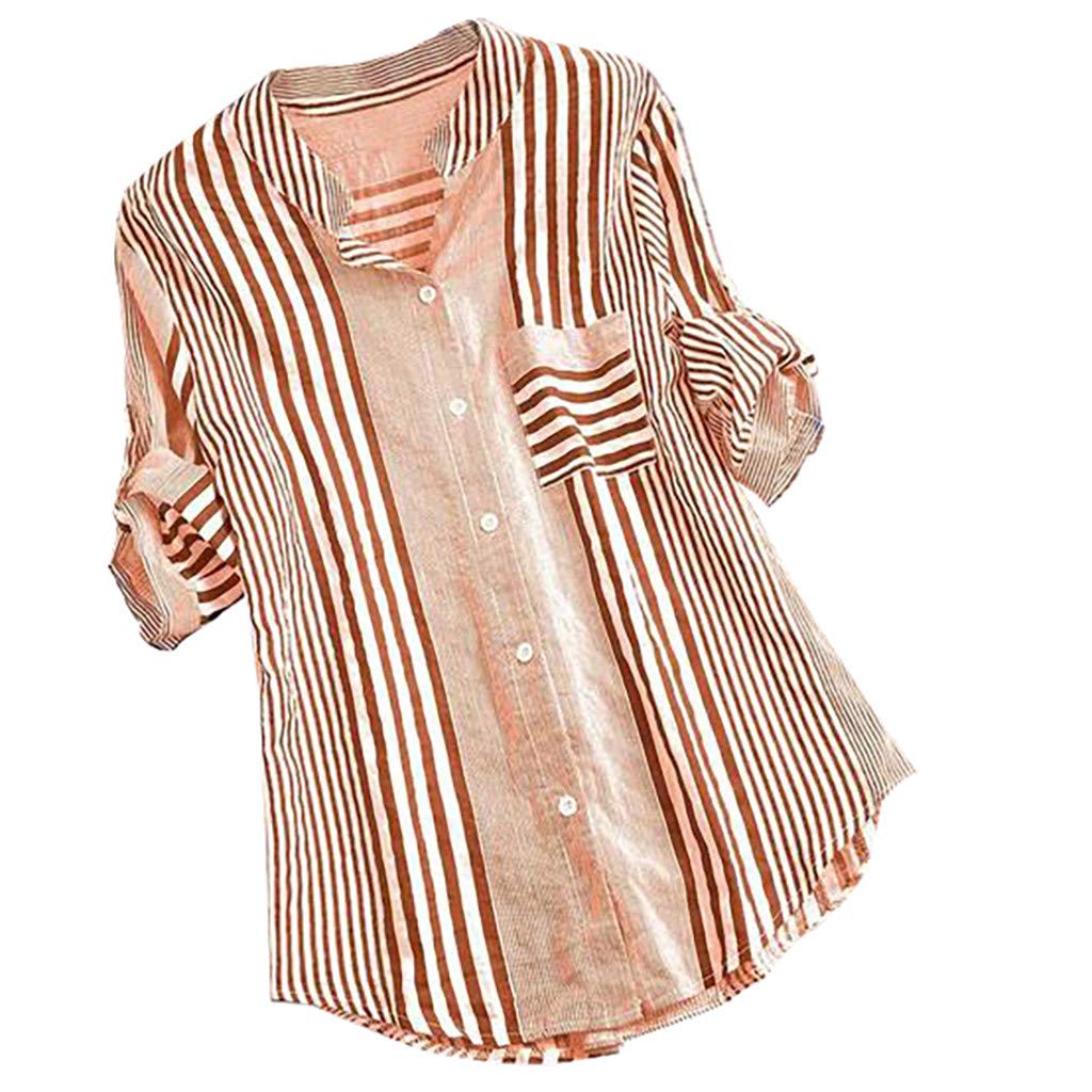 YSLMNOR Women's Plus Size Striped Print 3/4 Sleeve Loose Tunic Button-Up Shirt - Casual Office Wear & Spring Summer Blouse Top