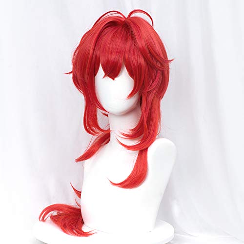 Premium Red Half and Half Diluc Cosplay Wig - Long Spiky Layered Anime Wig with Bangs for Unisex Women & Men | Perfect for Genshin Impact Cosplay, Halloween Costumes, and Anime Conventions