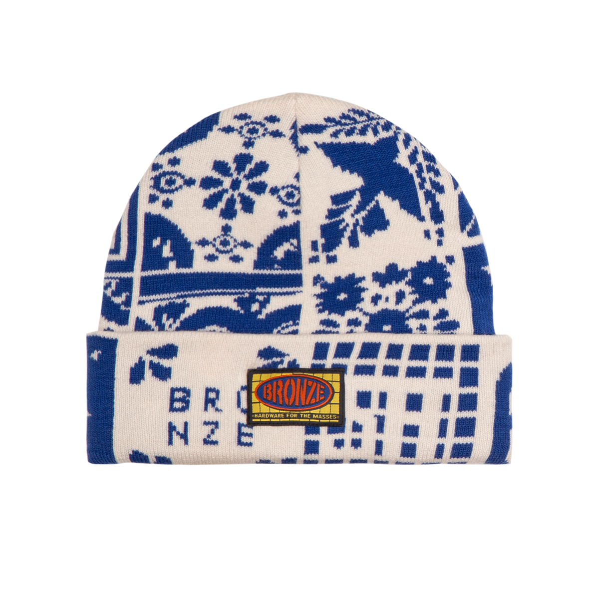 Bronze 56k Azulejo Beanie - White & Blue Knit Winter Hat for Men & Women | Cozy Cold Weather Accessory for Outdoor Activities, Skiing, and Casual Wear