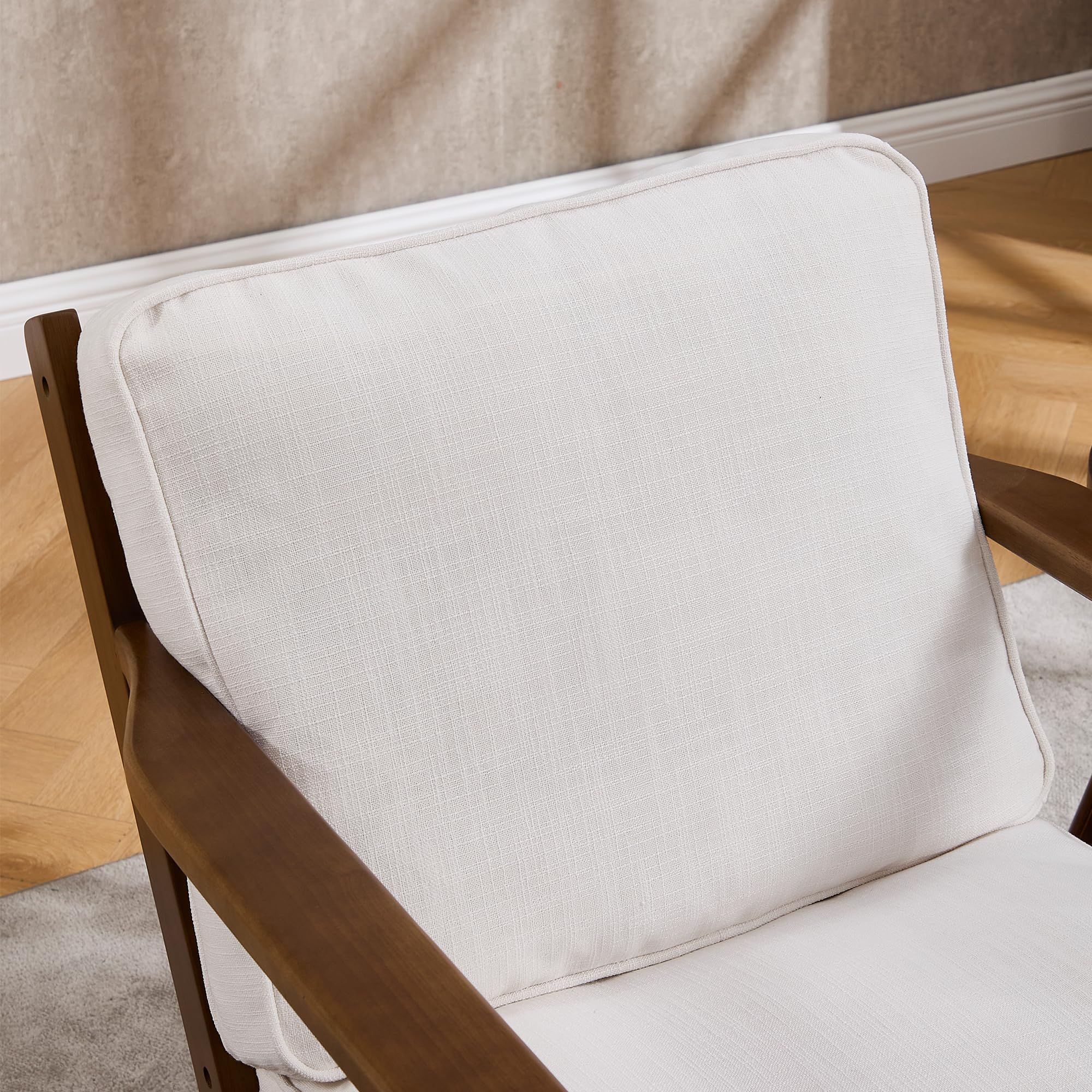 Mid Century Modern Accent Chair with Ottoman - Solid Wood Frame Upholstered Fabric Armchair for Living Room, Bedroom, Reading Nook - Elegant Beige Lounge Chair for Relaxation & Home Decor