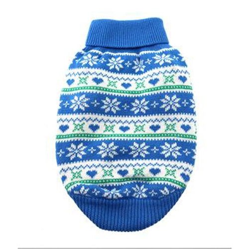 Soft Combed Cotton Dog Sweater with Snowflake & Heart Design - Blue | Cozy Winter Outfit for Small & Medium Dogs