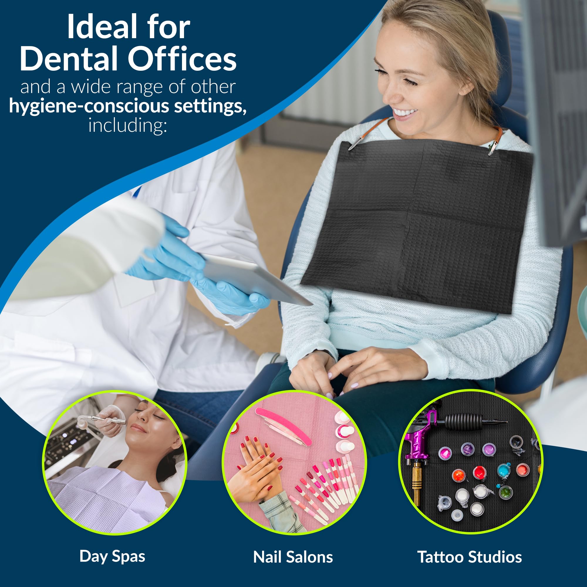TIDI 917458 Disposable Dental Bibs - Black, 3 Layers, 13” x 18” (Pack of 500) - 2-Ply Tissue with Poly Back for Leakproof Protection - Embossed Design - Ideal for Dental Clinics, Tattoo Parlors & Medical Procedures