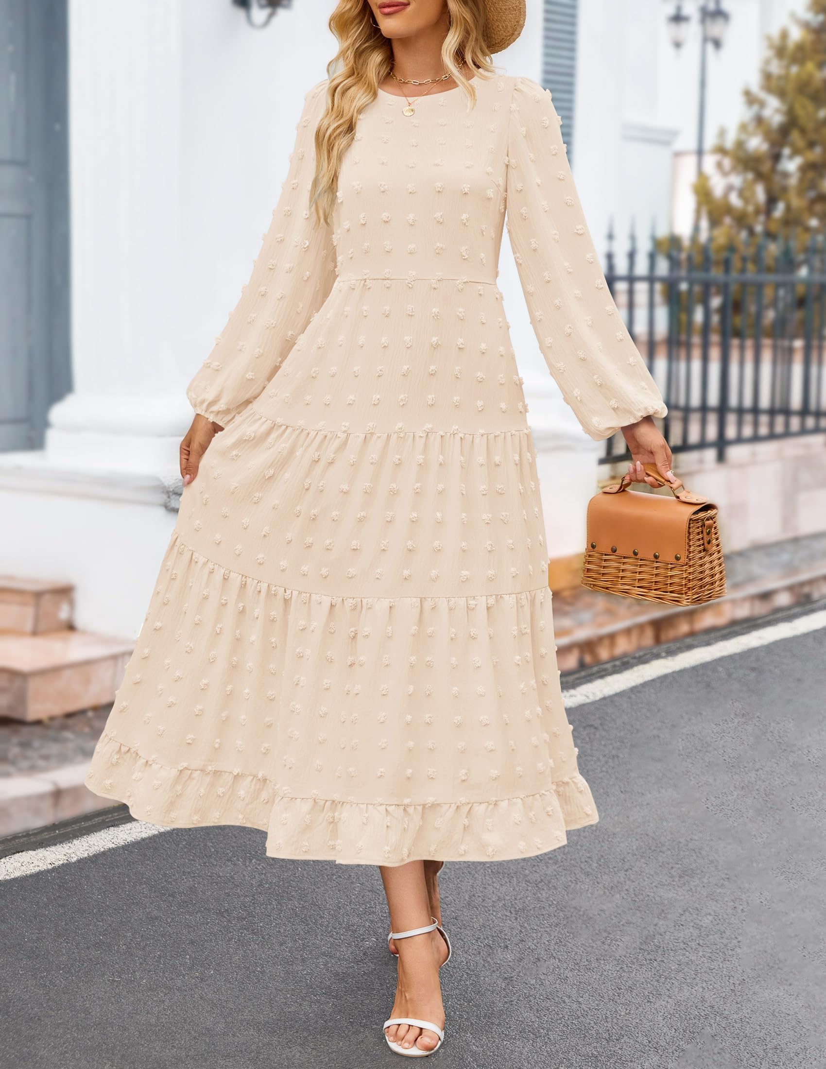 ZESICA Women's Long Sleeve Swiss Dot Maxi Dress - Casual Crew Neck Tiered A-Line Flowy Dress for Wedding Guest, Spring Party, Date Night & Special Occasions