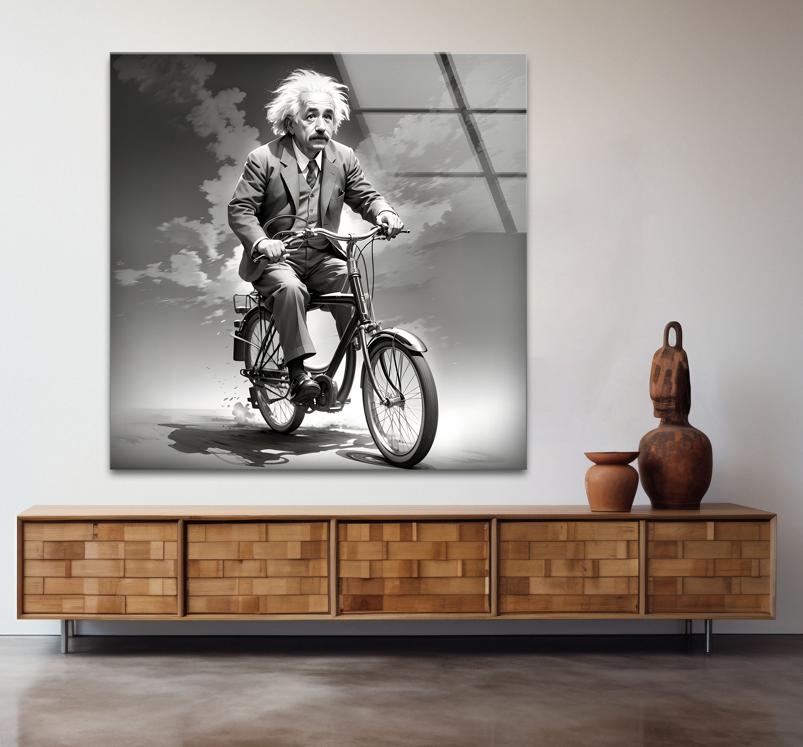 Albert Einstein on Bicycle Glass Wall Art - Black & White Scientific Decor for Home Office, Library or Classroom