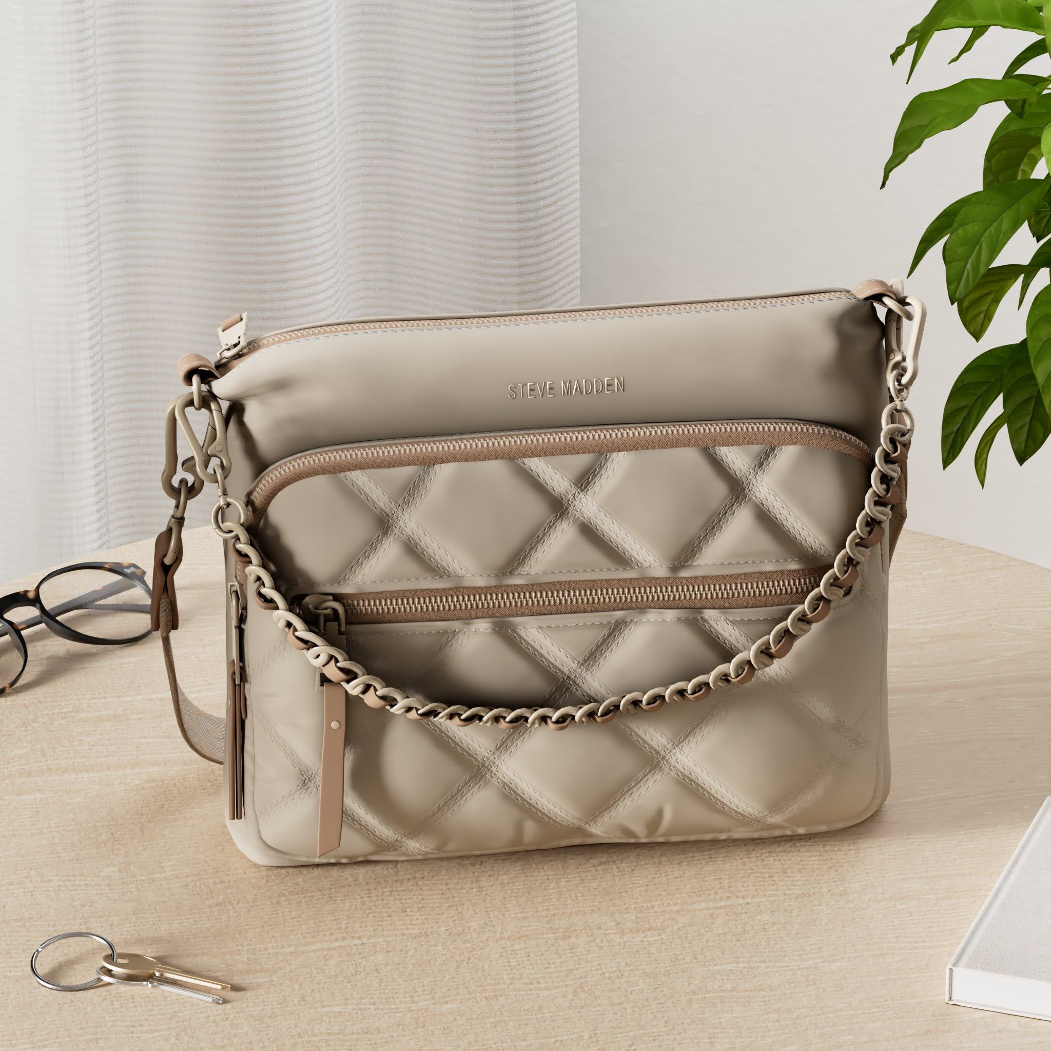 Steve Madden Bforrest Nylon Crossbody Bag for Women - Light Beige Shoulder Purse, Fashionable & Durable Everyday Handbag for Work, Travel & Shopping