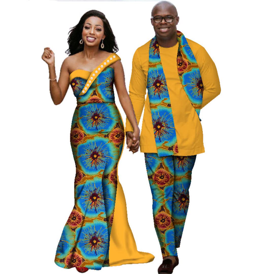 African Print Dresses for Women & Men - Matching Couple Outfits, Long Sleeve Shirt and Pants Sets, XXL Size 24FS1329 | Perfect for Weddings, Parties and Cultural Events