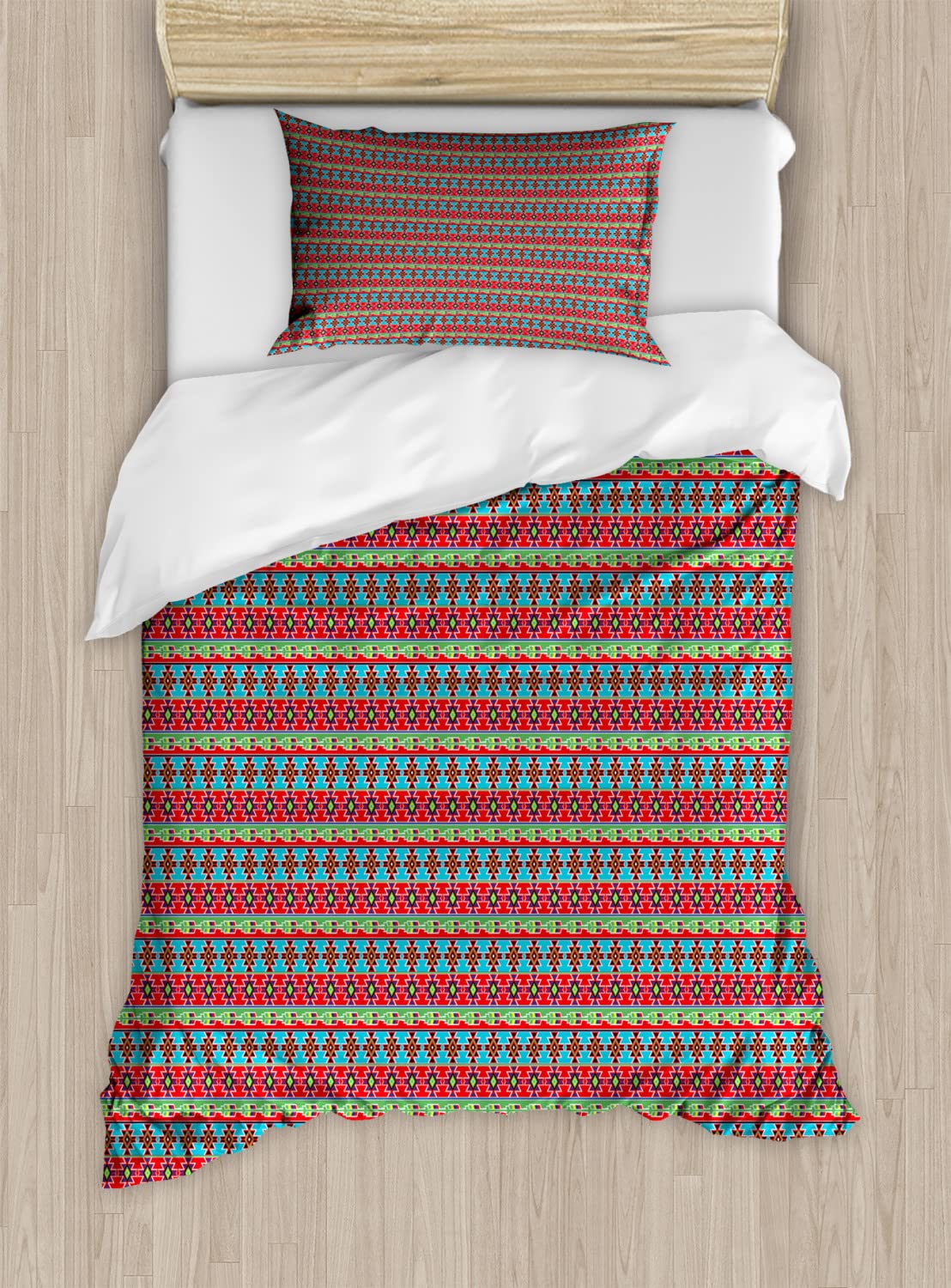 Ambesonne Ethnic Duvet Cover Sets - Colorful Horizontal Stripes with Cultural Patterns, 2-Piece Twin Size Bedding Set (2 Duvet Covers + 2 Pillowcases) - Perfect for Bohemian & Eclectic Bedroom Decor