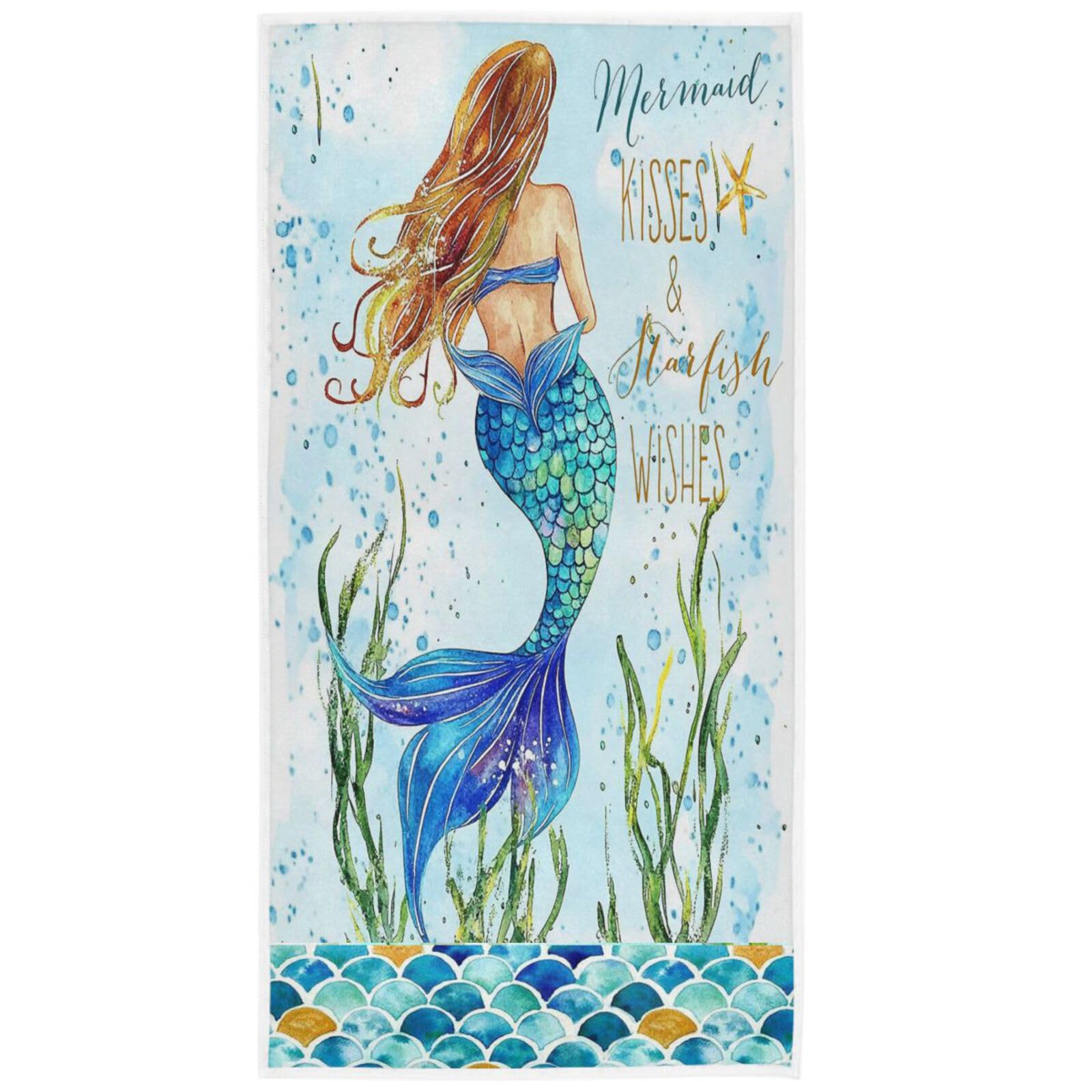Retro Mermaid Summer Hand Towels 16x30 Inch - Fish Scale Shell Nautical Bathroom Towel Set - Soft Absorbent Ocean Blue Sea Underwater Starfish Design - Perfect for Beach House Decor, Guest Bathrooms & Coastal Kitchen Towels