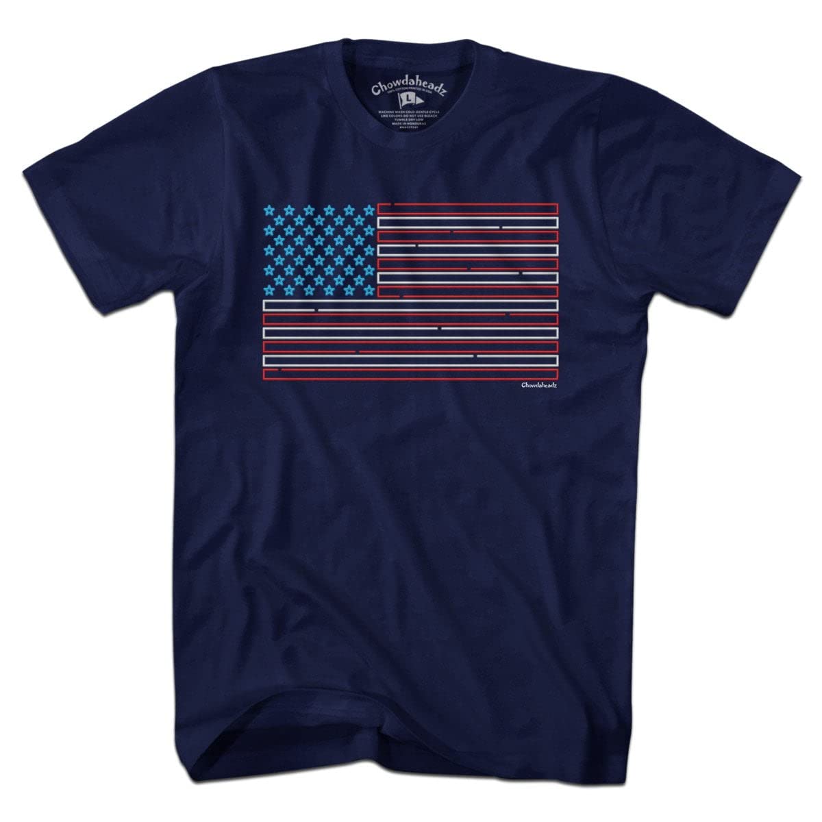 Chowdaheadz USA Flag Neon Sign T-Shirt | Unisex Vintage Soft Cotton Blend Tee for Patriotic Events, 4th of July & Casual Wear