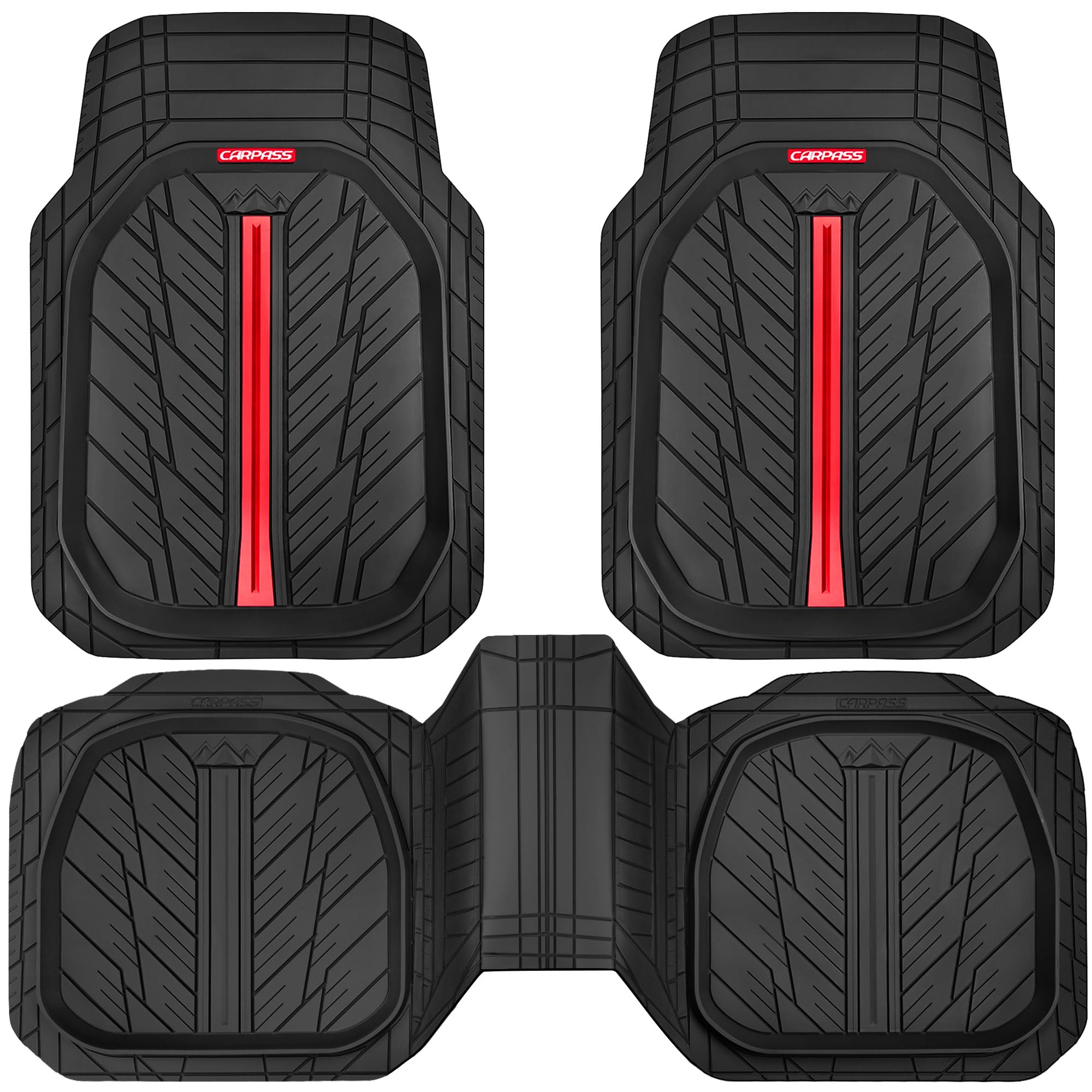 Heavy Duty All Weather Rubber Floor Mats for Cars & SUVs - CAR PASS Tire Tread DeepDish Design, Universal Fit (Trim to Size), Waterproof 3-Piece Set (Red/Black) - Perfect for Trucks, SUVs & Off-Road Vehicles in Rain, Snow & Mud Conditions
