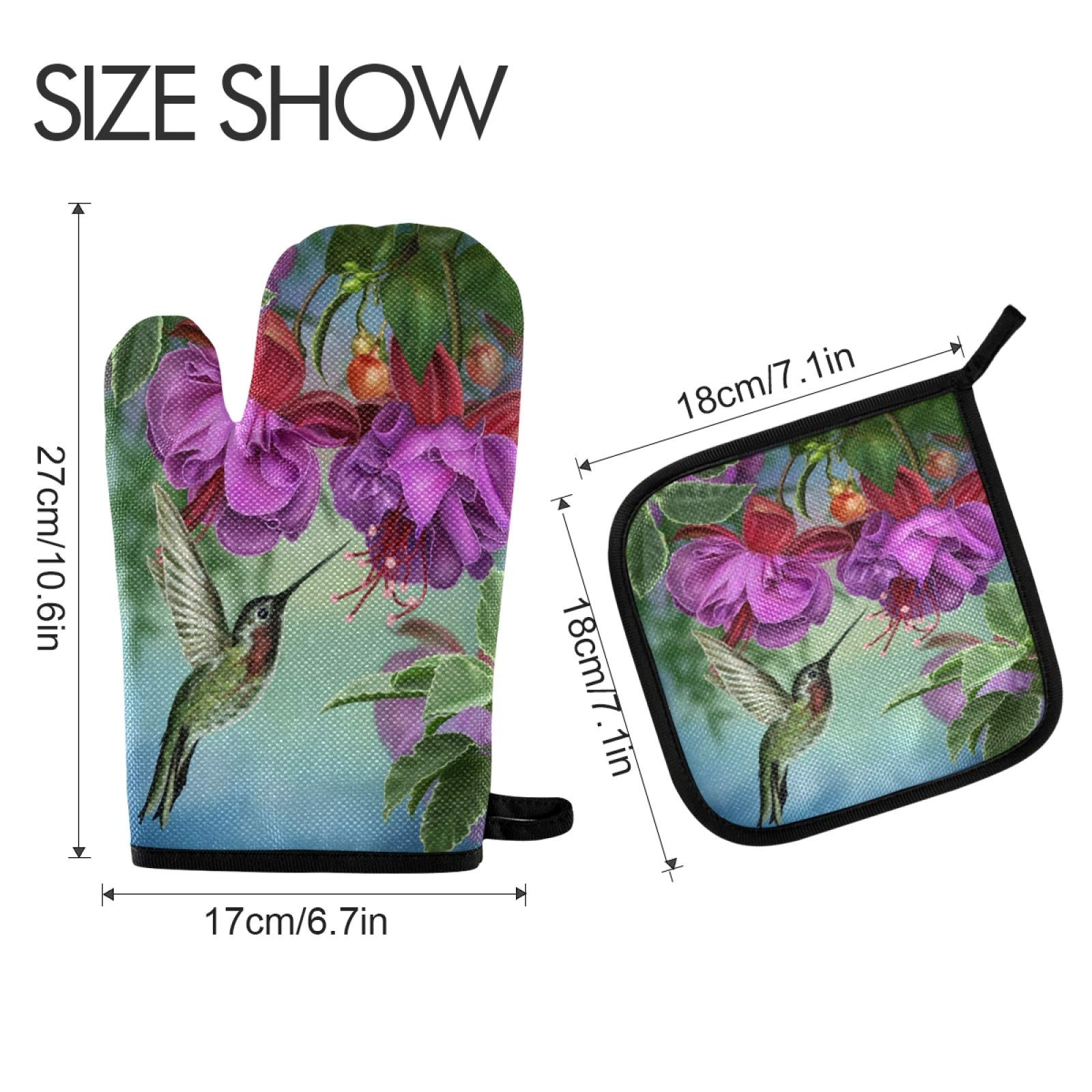 ASLSIY Hummingbird Oven Mitts & Pot Holders Set - Heat Resistant Kitchen Gloves for Baking, BBQ, Grilling - Spring Bird Design for Cooking, Baking & Outdoor Camping