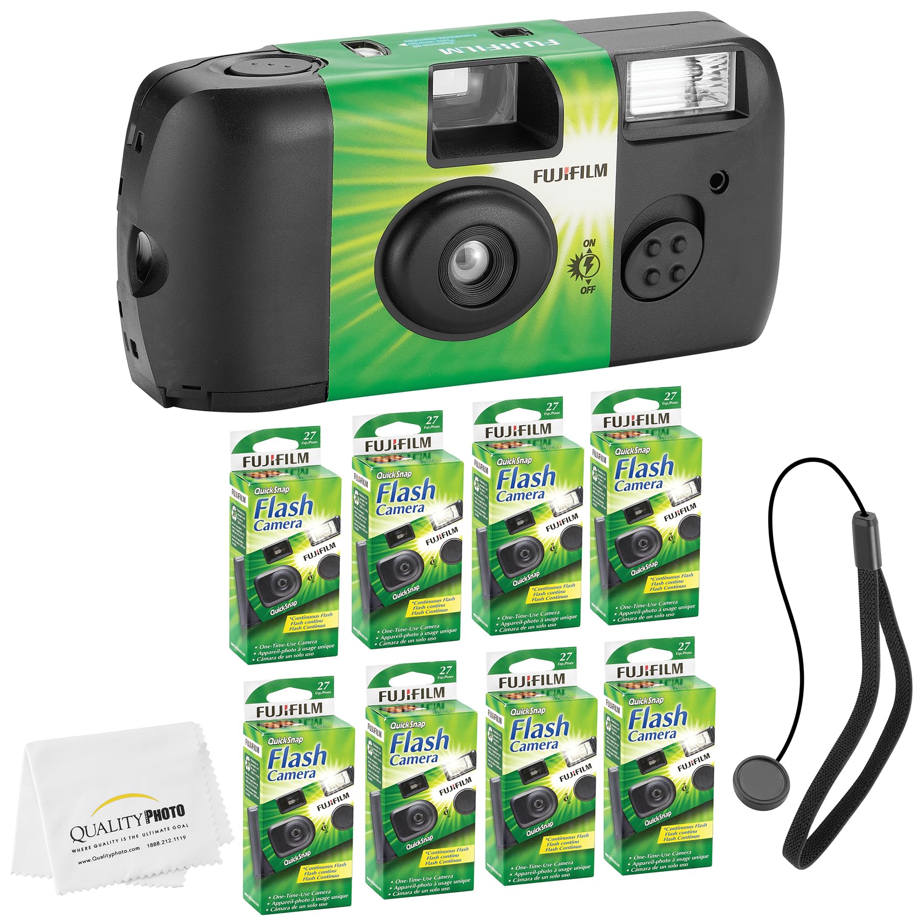 Fujifilm QuickSnap Flash 400 Disposable 35mm Camera 8 Pack with Hand Strap & Microfiber Cloth - Perfect for Travel, Weddings, Parties & Outdoor Adventures