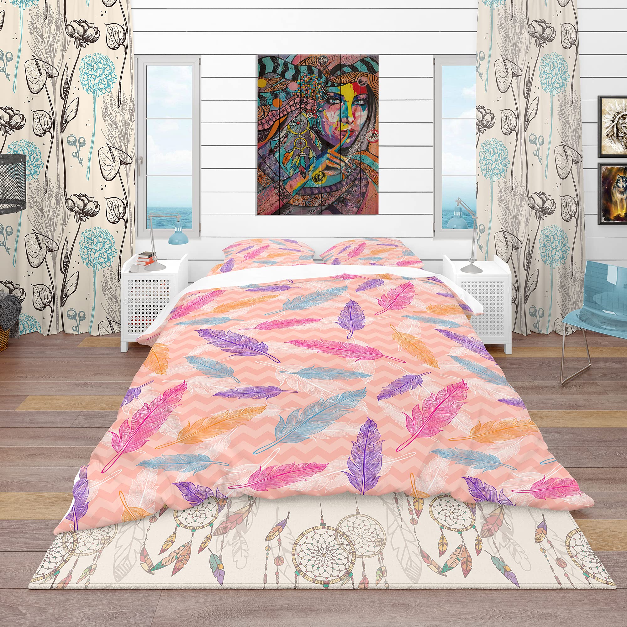 DesignQ Pink Abstract Feathers Duvet Cover Set King - 3 Piece Modern Contemporary Bedding, Soft & Breathable All Season Comforter Cover - Perfect for Master Bedroom, Guest Room & Cozy Home Decor
