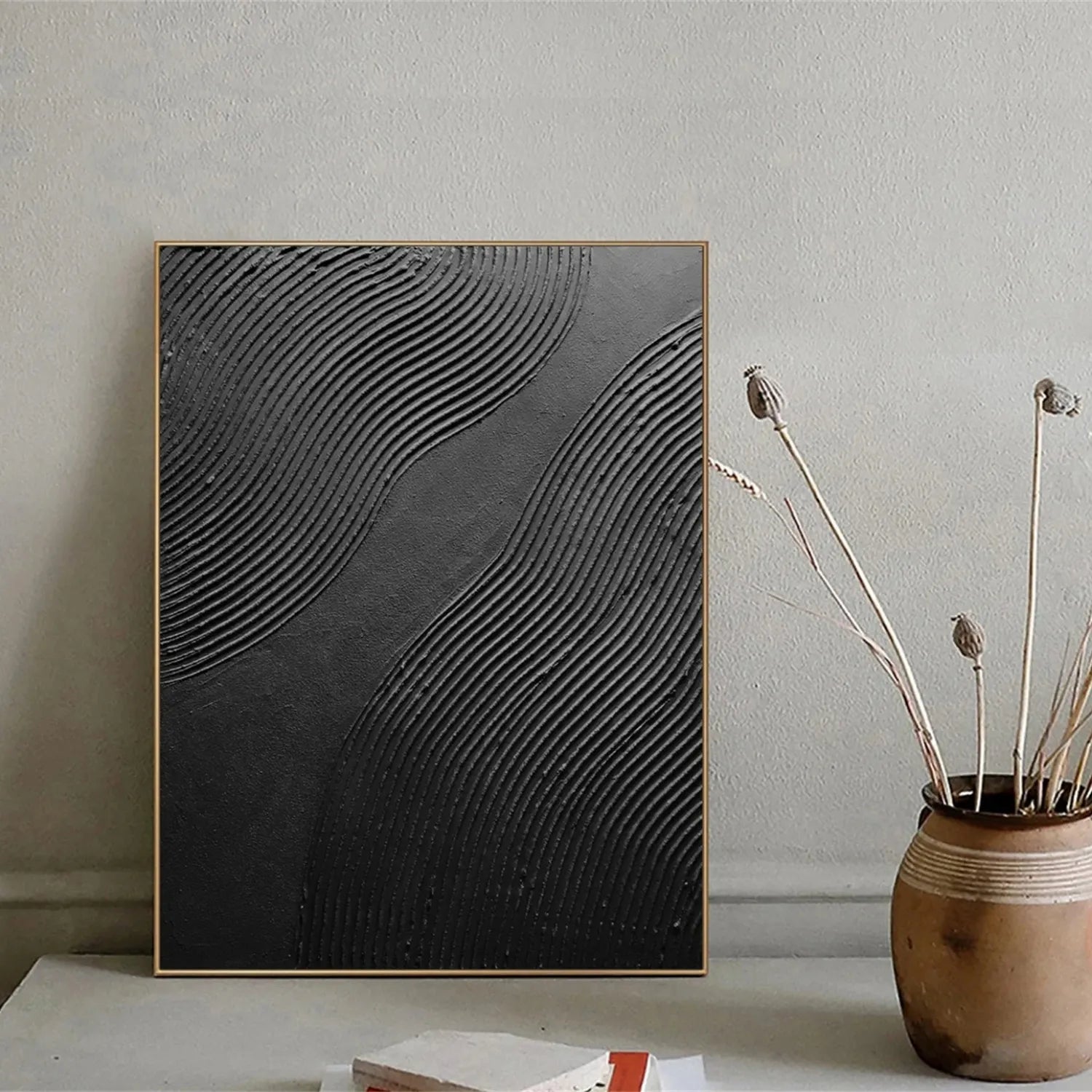 Black Minimalist Textured Painting Canvas #MZ103 - Modern Abstract Wall Art for Living Room, Bedroom & Office Decor