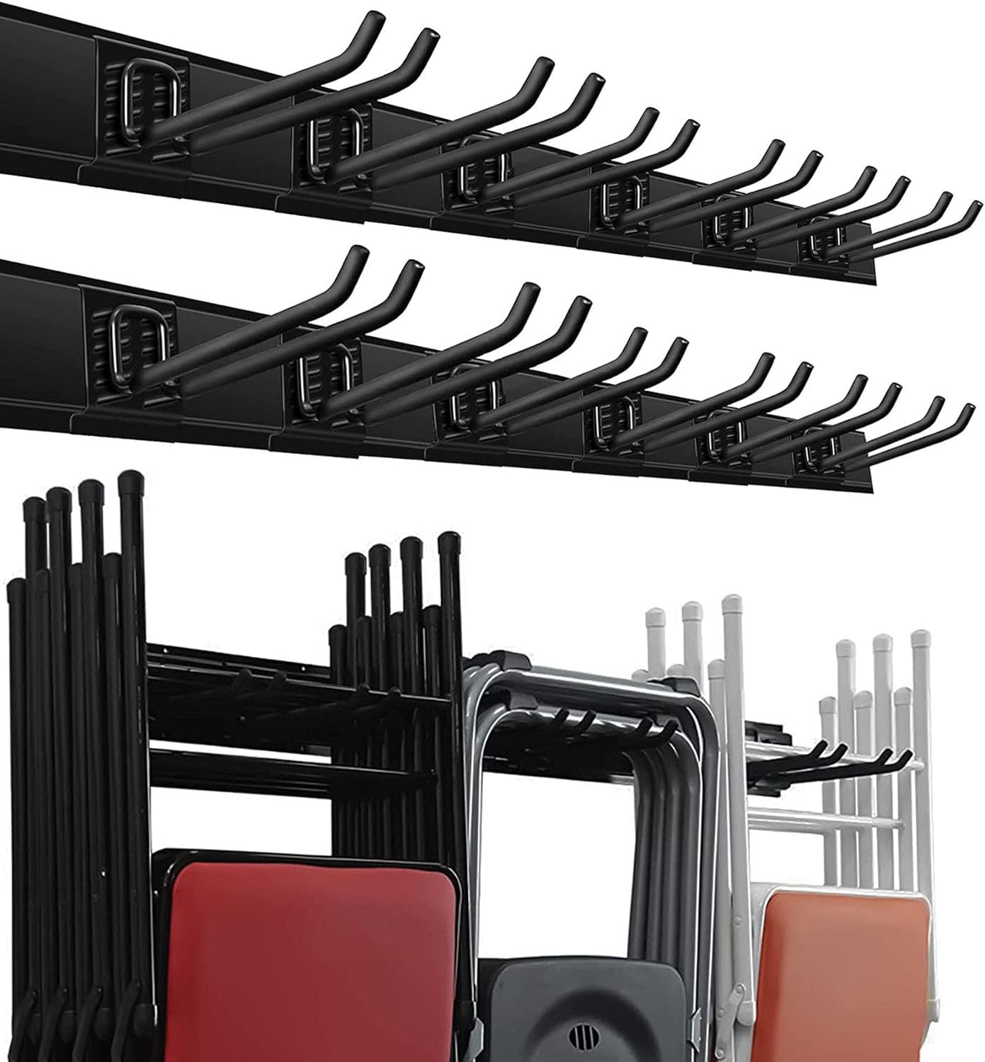 Wallmaster Heavy Duty Garage Storage Wall Mount Organizer - 12 Adjustable Hooks, 96-Inch Track, 900lb Capacity - Perfect for Garage, Shed & Workshop Tool Organization (Folding Chair Hangers Included)