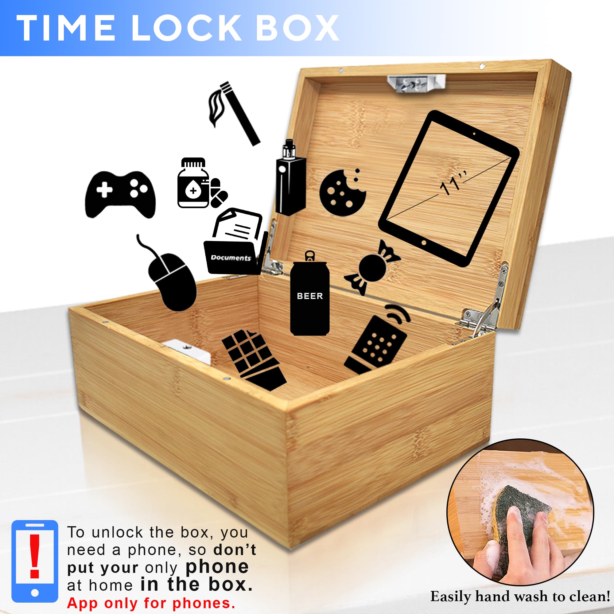 App Controlled Timed Lock Box - Electronic Timer Lock Safe for Snacks, Medicine & Video Games | Wooden Security Container for Self Control & Temptation Management | Perfect for Home, Office & Parenting Use