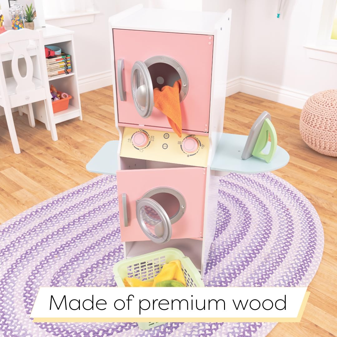 KidKraft Wooden Laundry Playset for Kids - Pretend Play Washer & Dryer Toy with Iron, Basket & Stackable Design - Pastel Color - Educational Gift for Toddlers Ages 3+ - Perfect for Imaginative Play, Role-Playing & Preschool Learning Activities