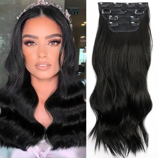 Clip In Synthetic Hair Extensions Set - 18 Inch Straight Remy-Like Hairpiece for Volume & Length - Perfect for Parties, Weddings & Daily Styling