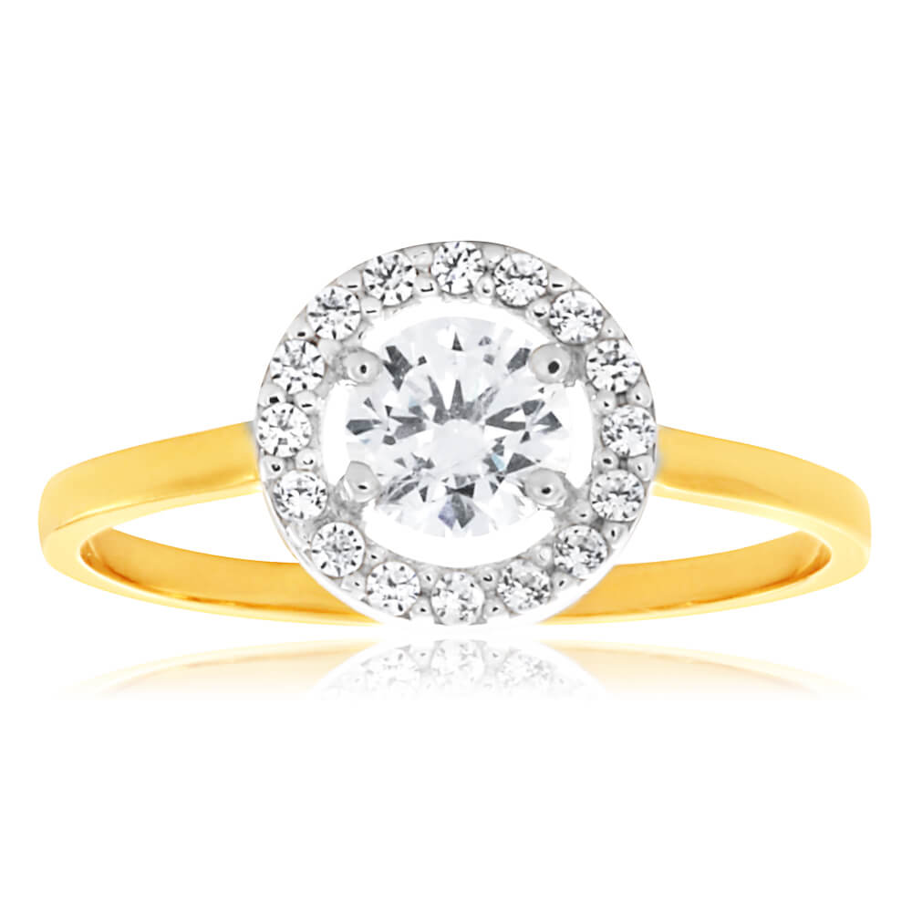 9ct Yellow Gold & White Gold Cubic Zirconia Round Halo Ring for Women - Elegant Wedding, Engagement & Anniversary Jewelry Gift