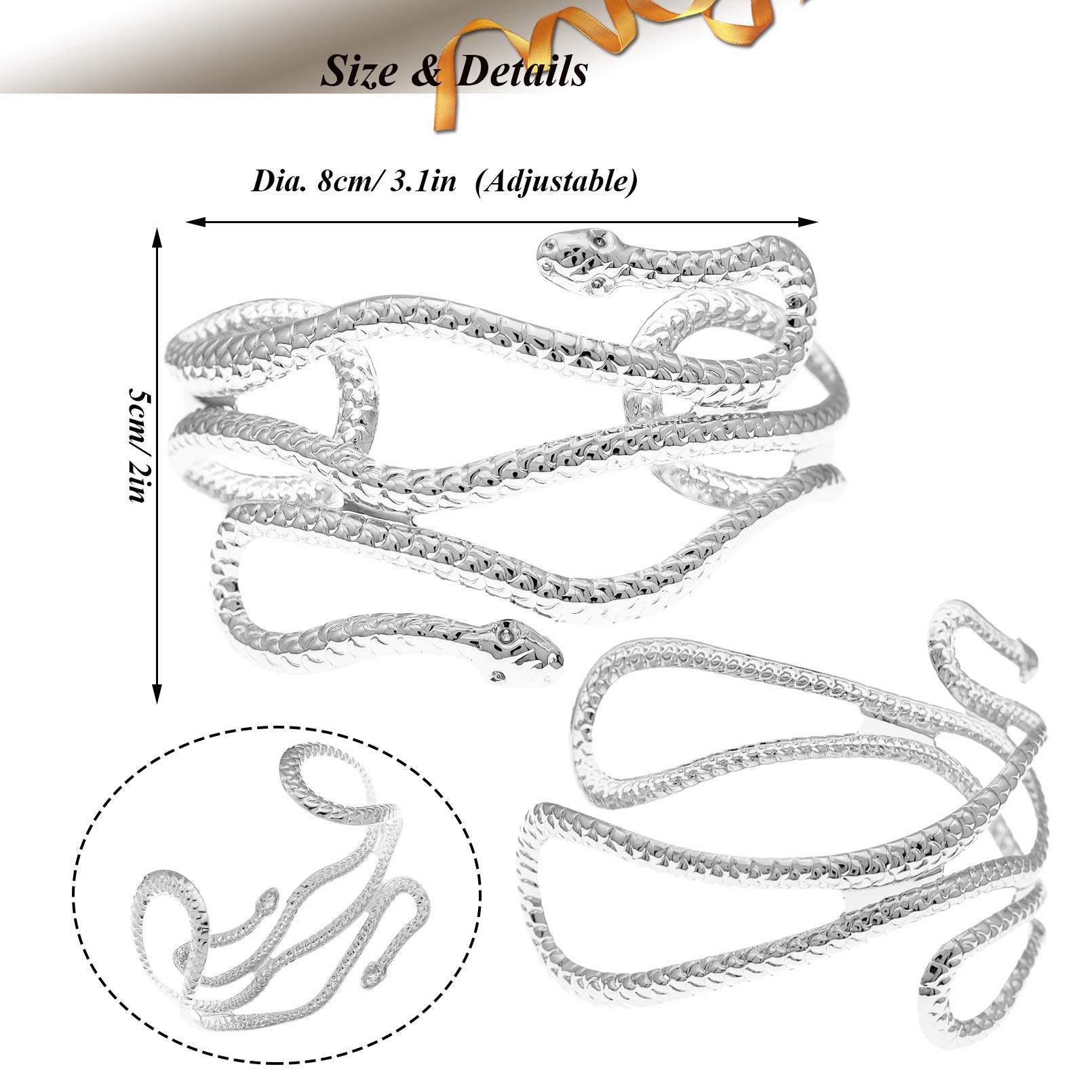 RechicGu 2-Piece Cleopatra Goddess Snake Arm Cuff Set - Adjustable Metal Cobra Bangle Bracelet, Greek Egyptian Style Silver Armlet for Costume & Cosplay - Perfect for Halloween, Themed Parties and Historical Reenactments