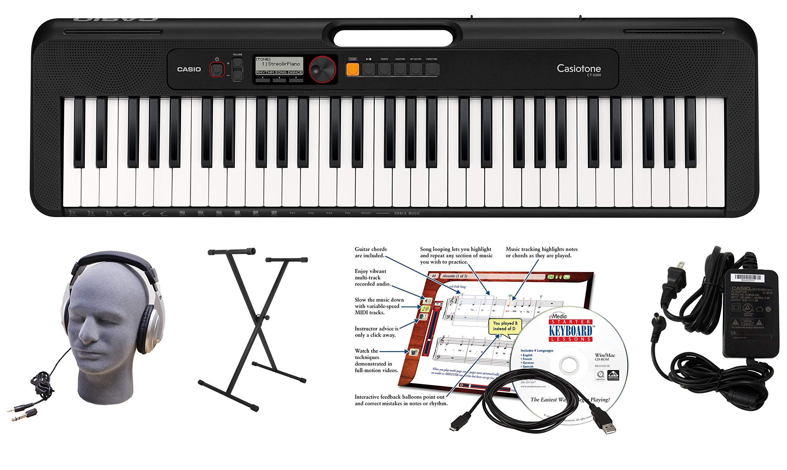 Casio CT-S200BK 61-Key Portable Keyboard with Stand, Headphones & Accessories - Premium Digital Piano for Beginners & Home Practice (Black) | Perfect for Music Lessons, Studio Recording & Live Performances