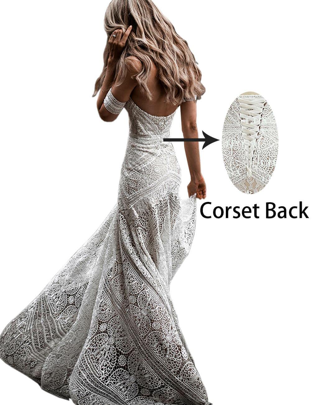 LIPOSA Women's Bohemian Wedding Dress with Detachable Arm Bands - Sweetheart Neckline Mermaid Lace Bridal Gown for Beach, Garden & Outdoor Ceremonies